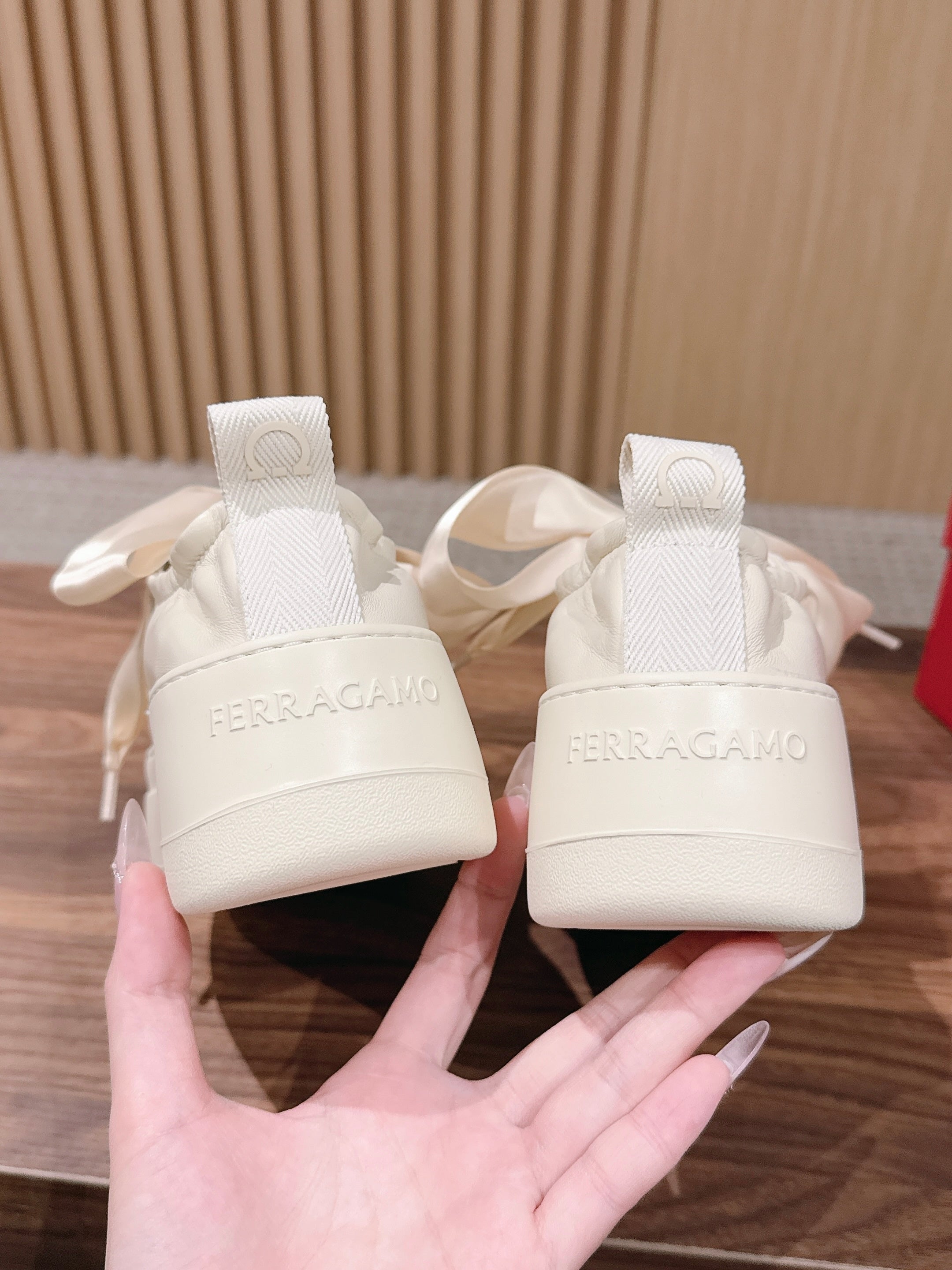 Ferragamo Bow Platform Sneaker Grey Ivory Satin Sheepskin