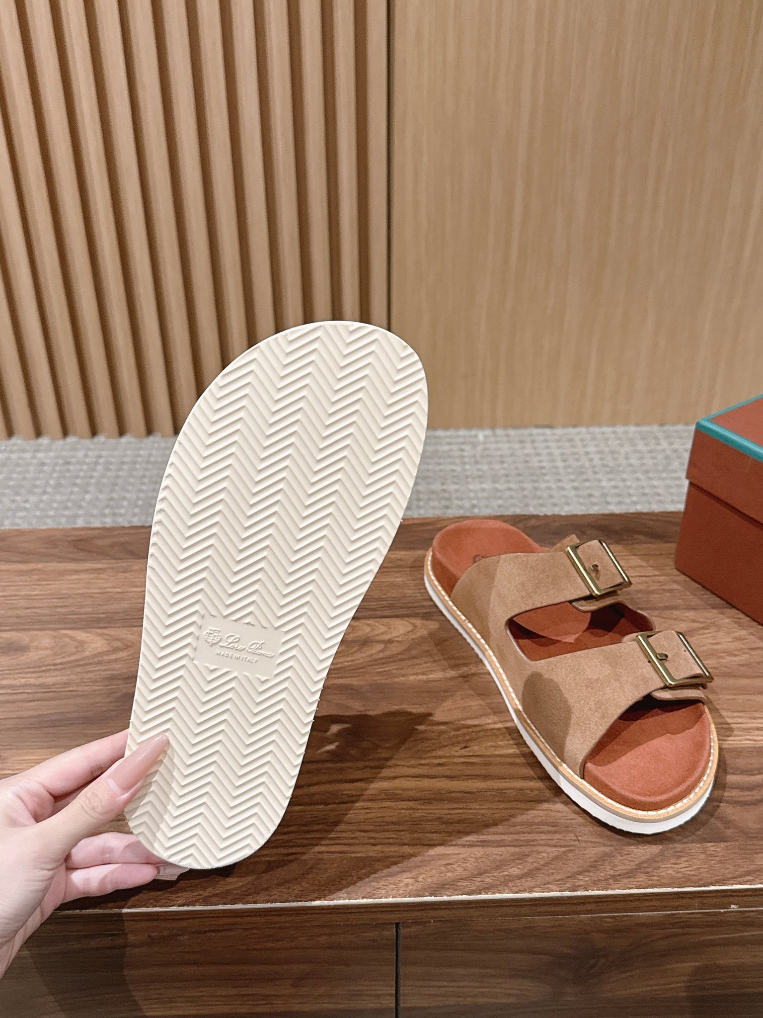 LP 26s Men’s Double Buckle Slides In Brown Suede Gold Hardware