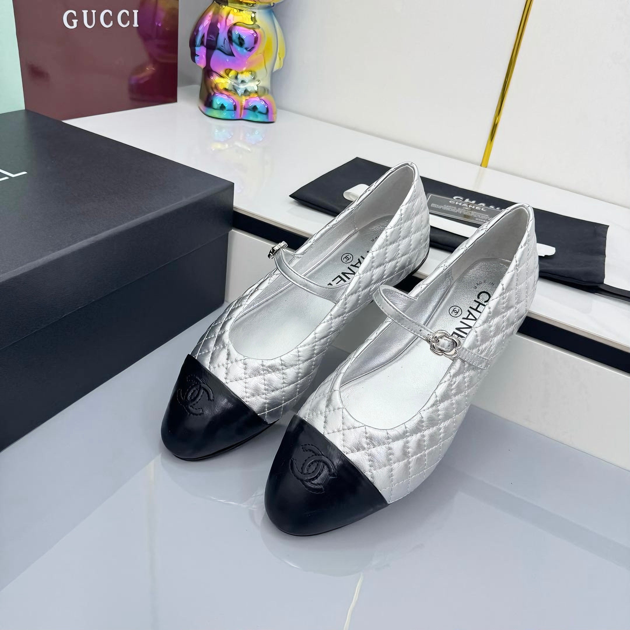 CC 25 Mary Jane Silver Metallic Quilted Black Lambskin 368132