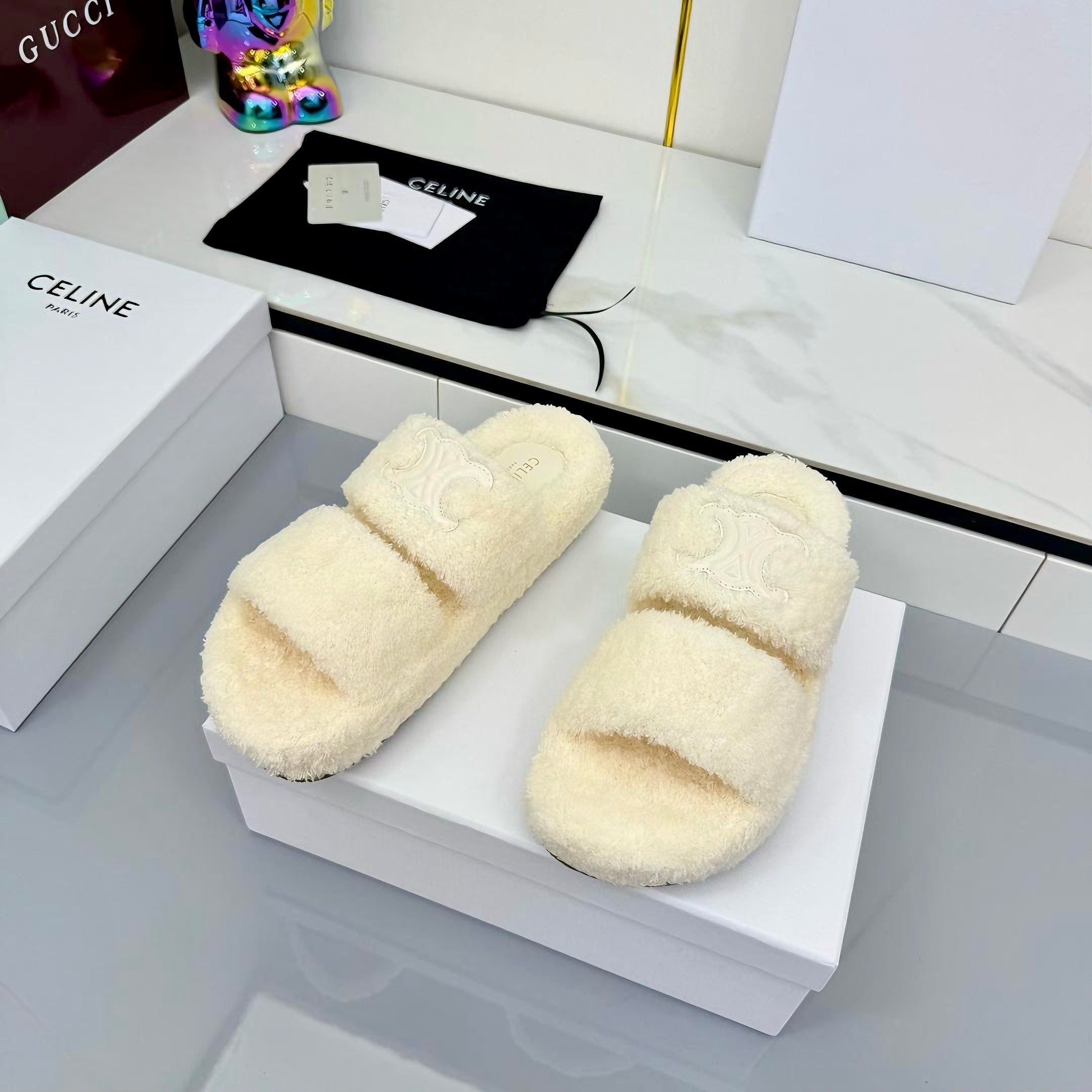 CL 25s Triomphe Slides 50mm White Wool & Rubber 434464