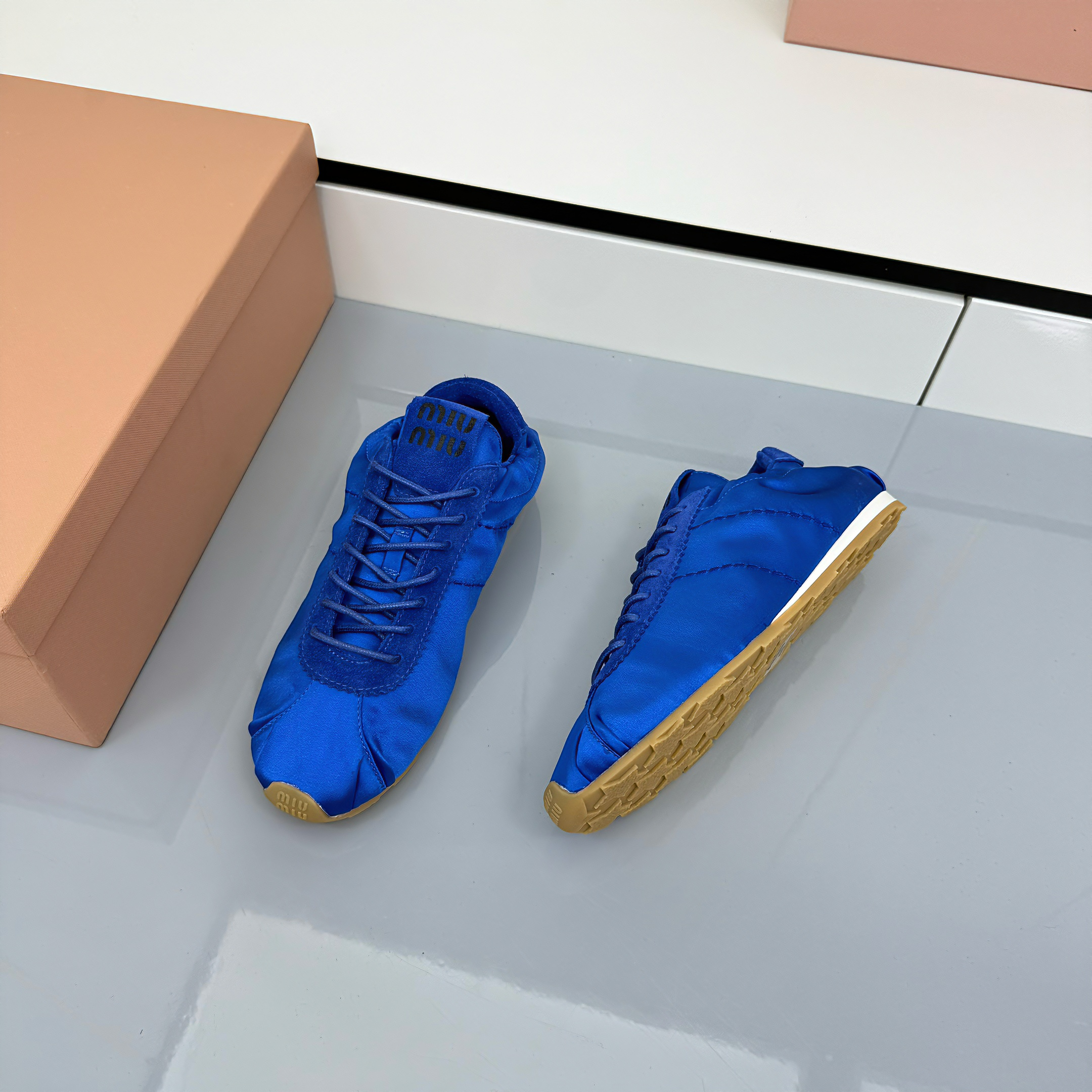 Miu Plume Sneakers Blue Satin 565675