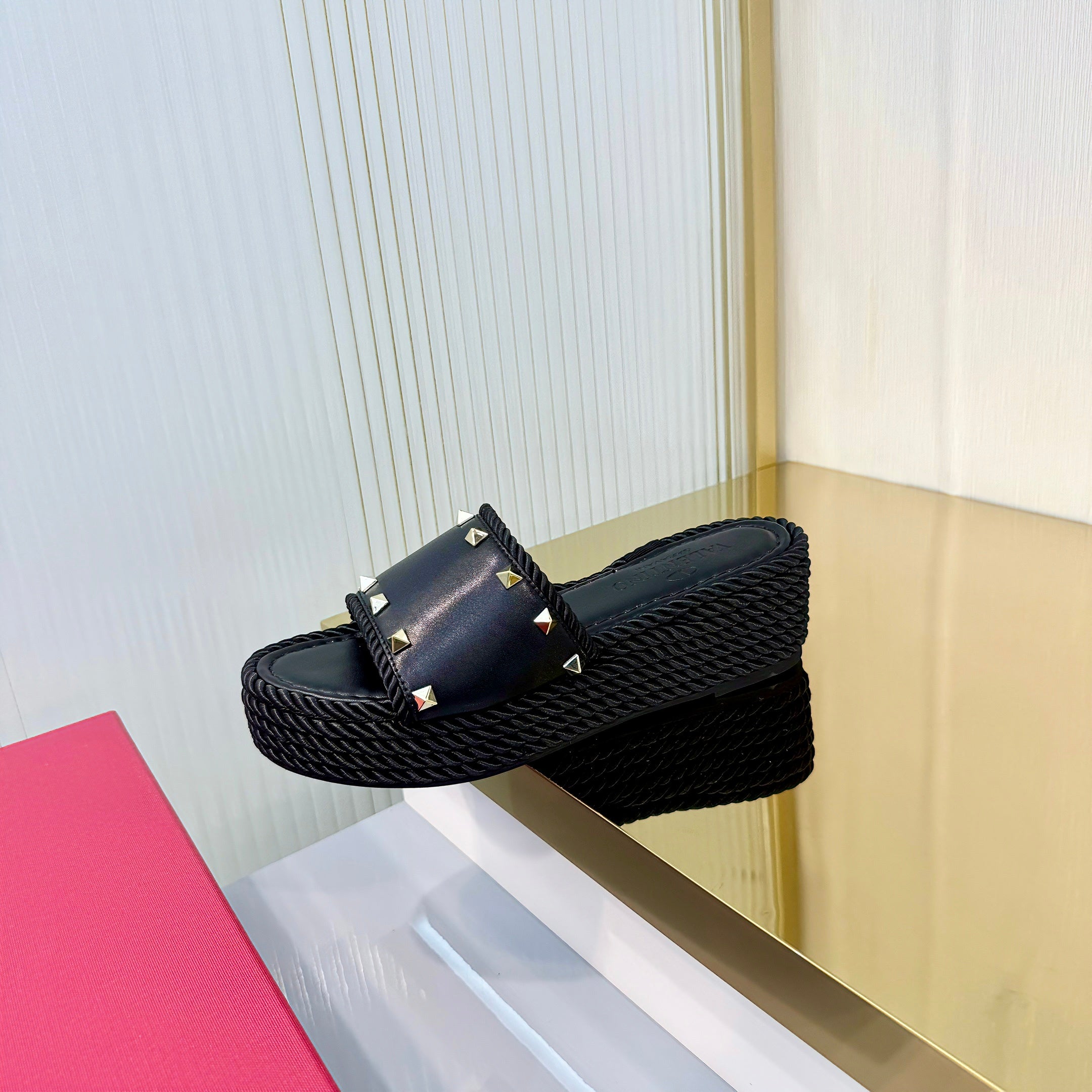 VT 26s Espadrille Slides 5cm Black Leather 714907