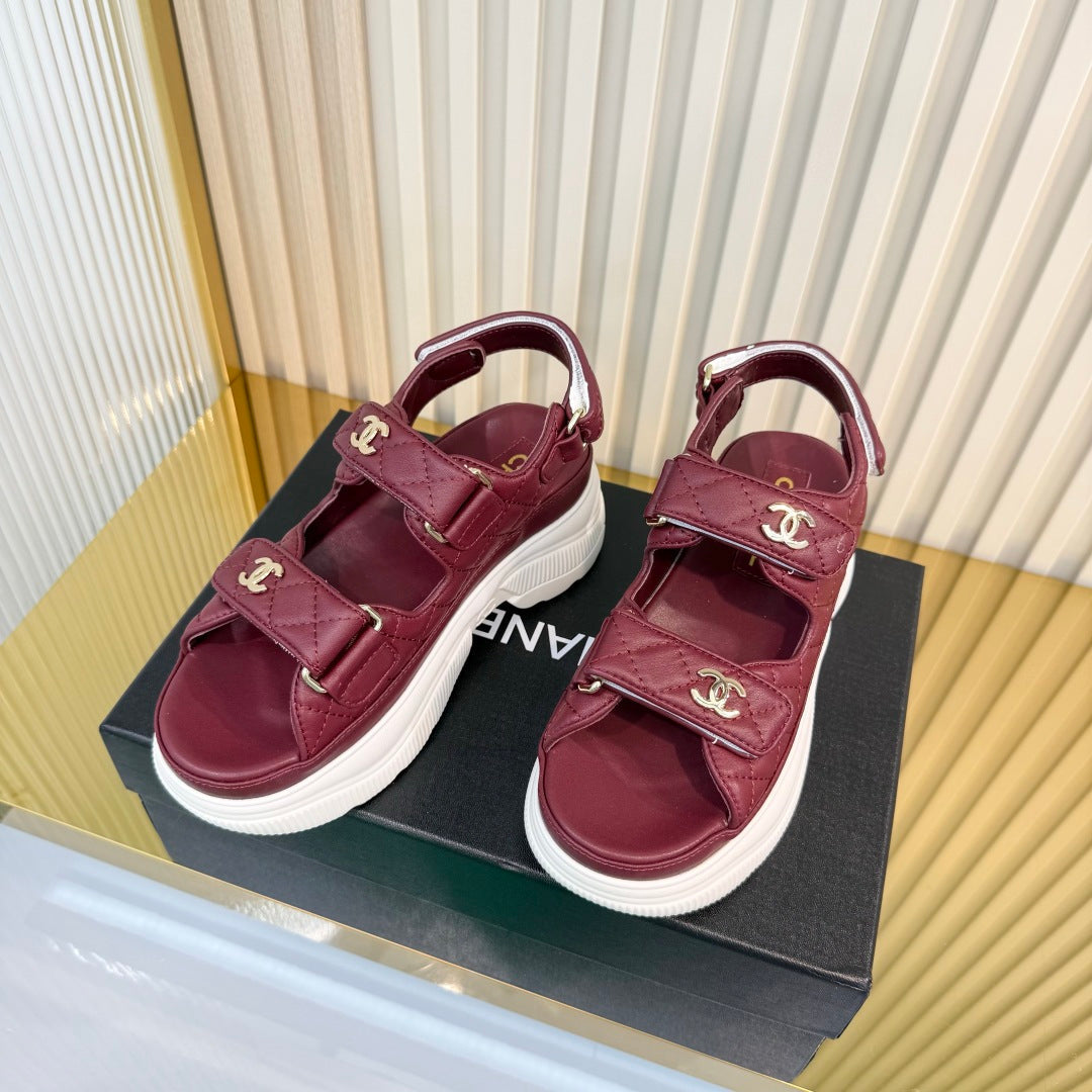 Chanel 26S Platform Velcro Sandals in Dark Red Lambskin