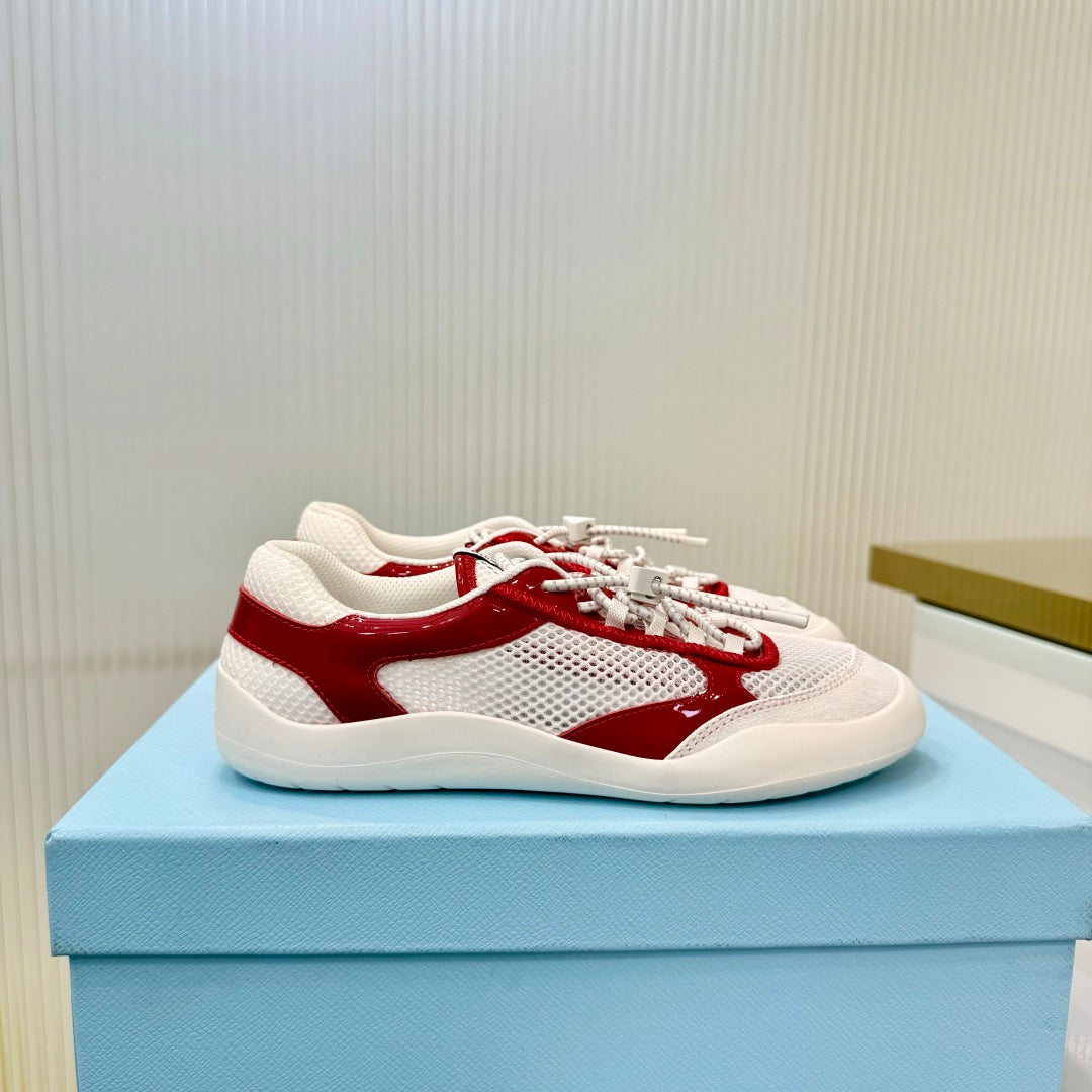 Prada 26s Speedrock Sneakers White Red Patent Leather Mesh Fabric 986639