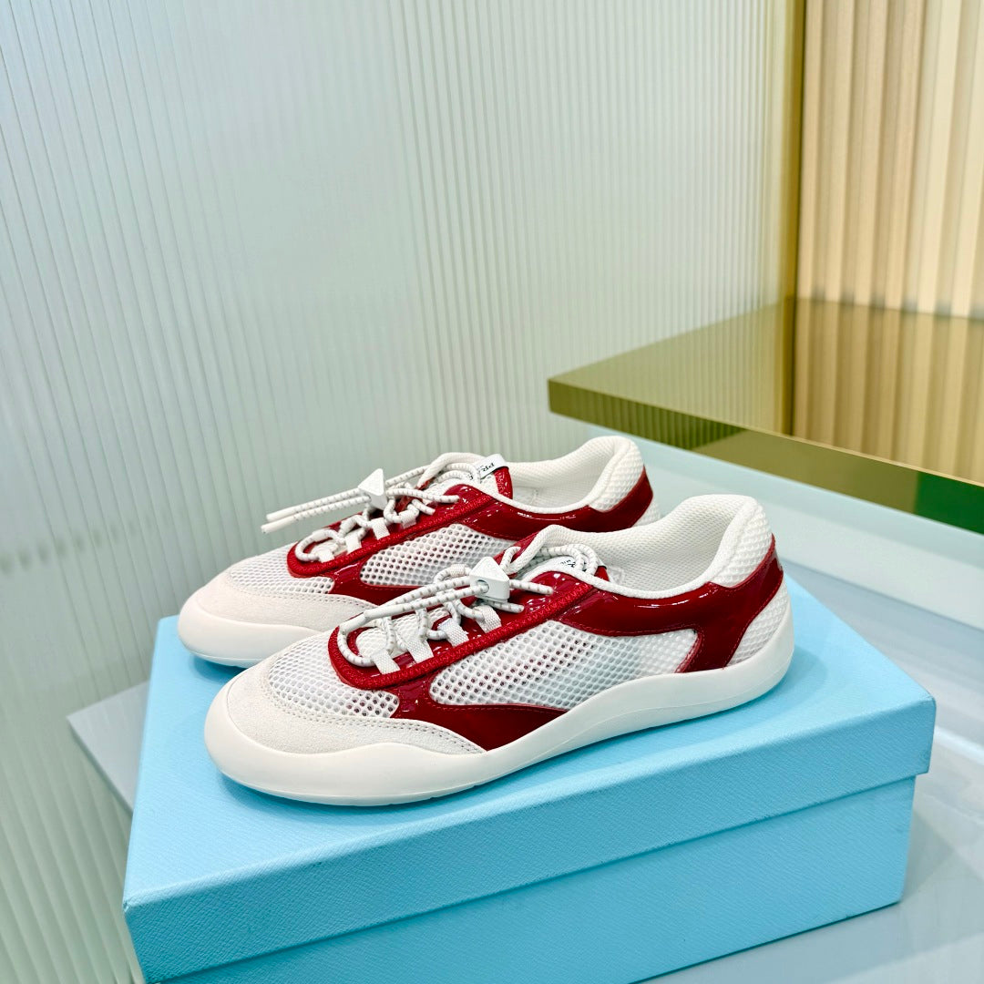 Prada 26s Speedrock Sneakers White Red Patent Leather Mesh Fabric 986639