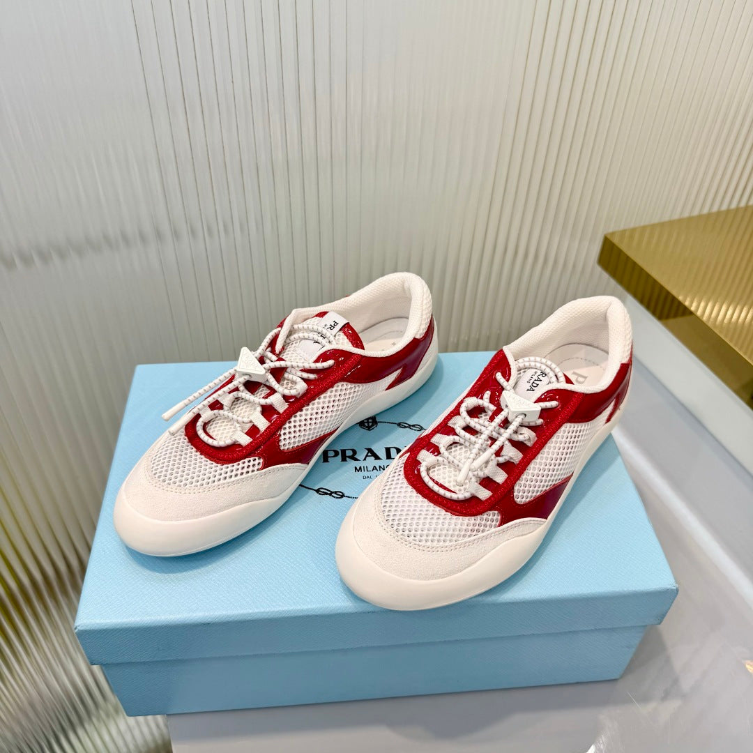 Prada 26s Speedrock Sneakers White Red Patent Leather Mesh Fabric 986639