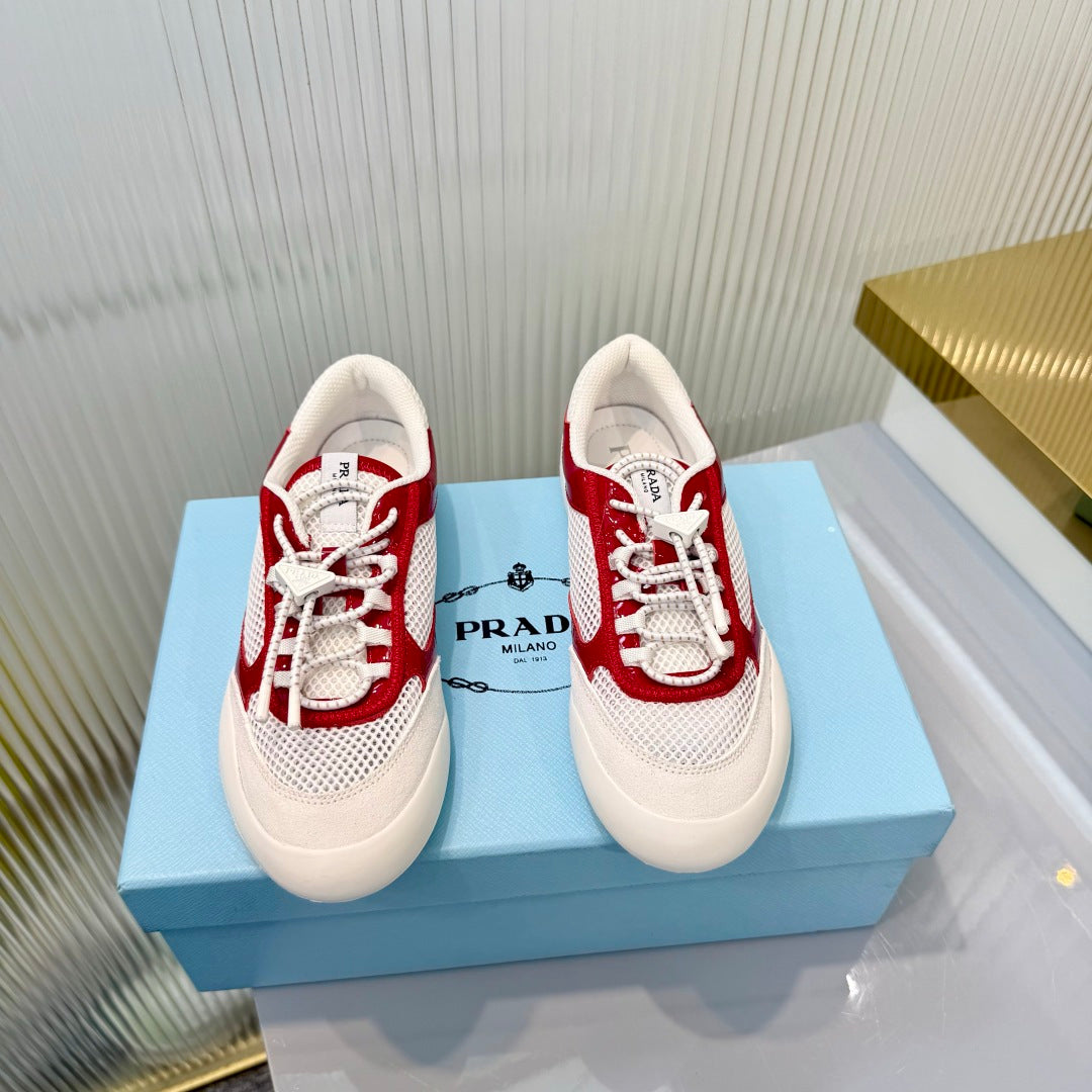 Prada 26s Speedrock Sneakers White Red Patent Leather Mesh Fabric 986639