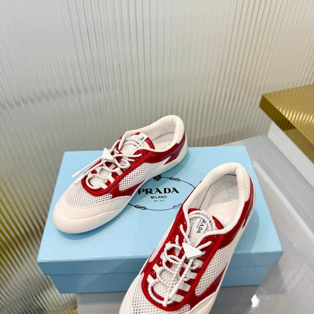 Prada 26s Speedrock Sneakers White Red Patent Leather Mesh Fabric 986639