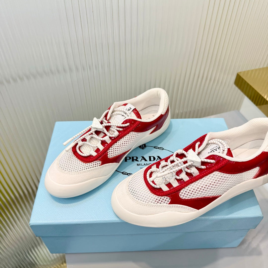 Prada 26s Speedrock Sneakers White Red Patent Leather Mesh Fabric 986639