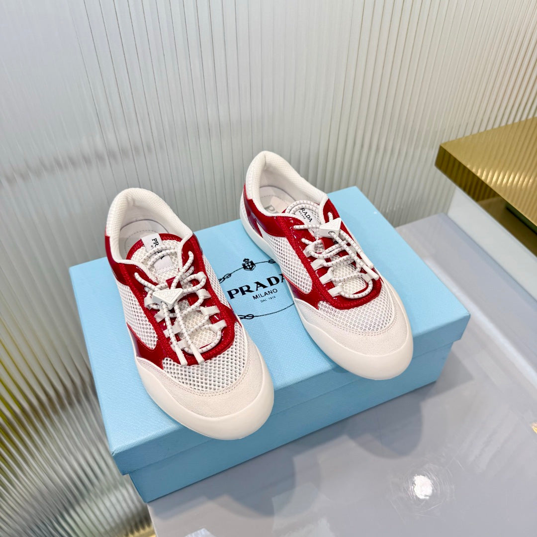 Prada 26s Speedrock Sneakers White Red Patent Leather Mesh Fabric 986639