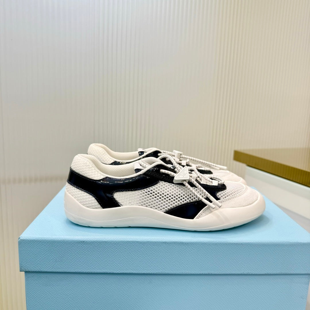 Prada 26s Speedrock Sneakers White Black Patent Leather Mesh Fabric 986640