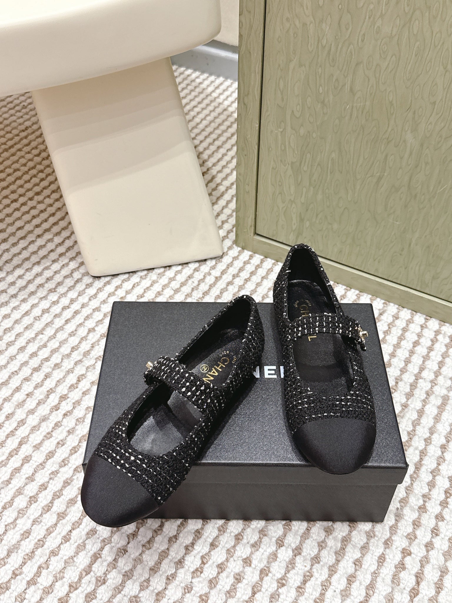 Chanel 25s Mary Jane Flat In Black Tweed With Cap Toe Gold Hardware