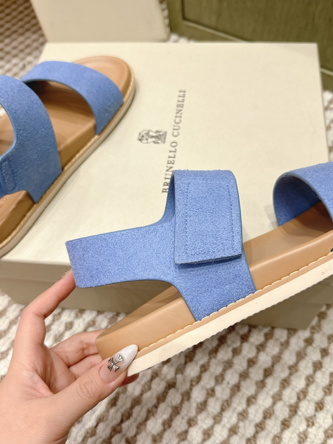Brunello 26s Velcro Men's Sandals Light Blue Brown Suede Cowhide 612227