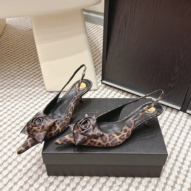 YSL 26ss Slingback 50 Leopard Print Satin Leather 654680