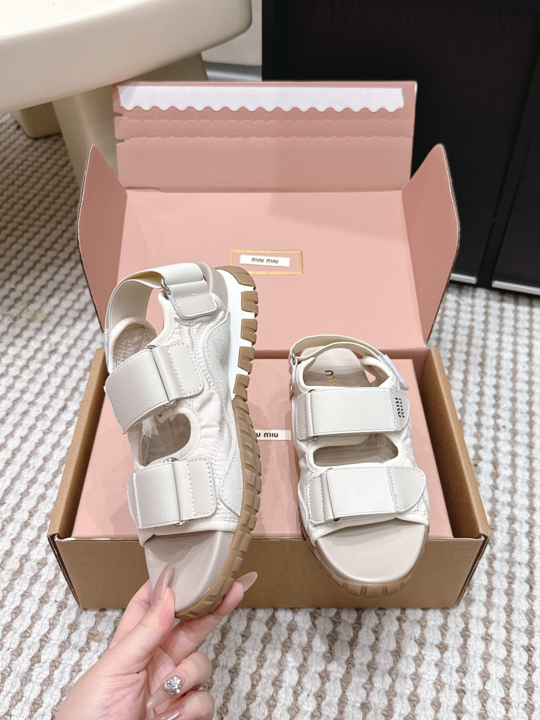 Miu 26s Velcro Sandals Ivory Nylon Suede 632330
