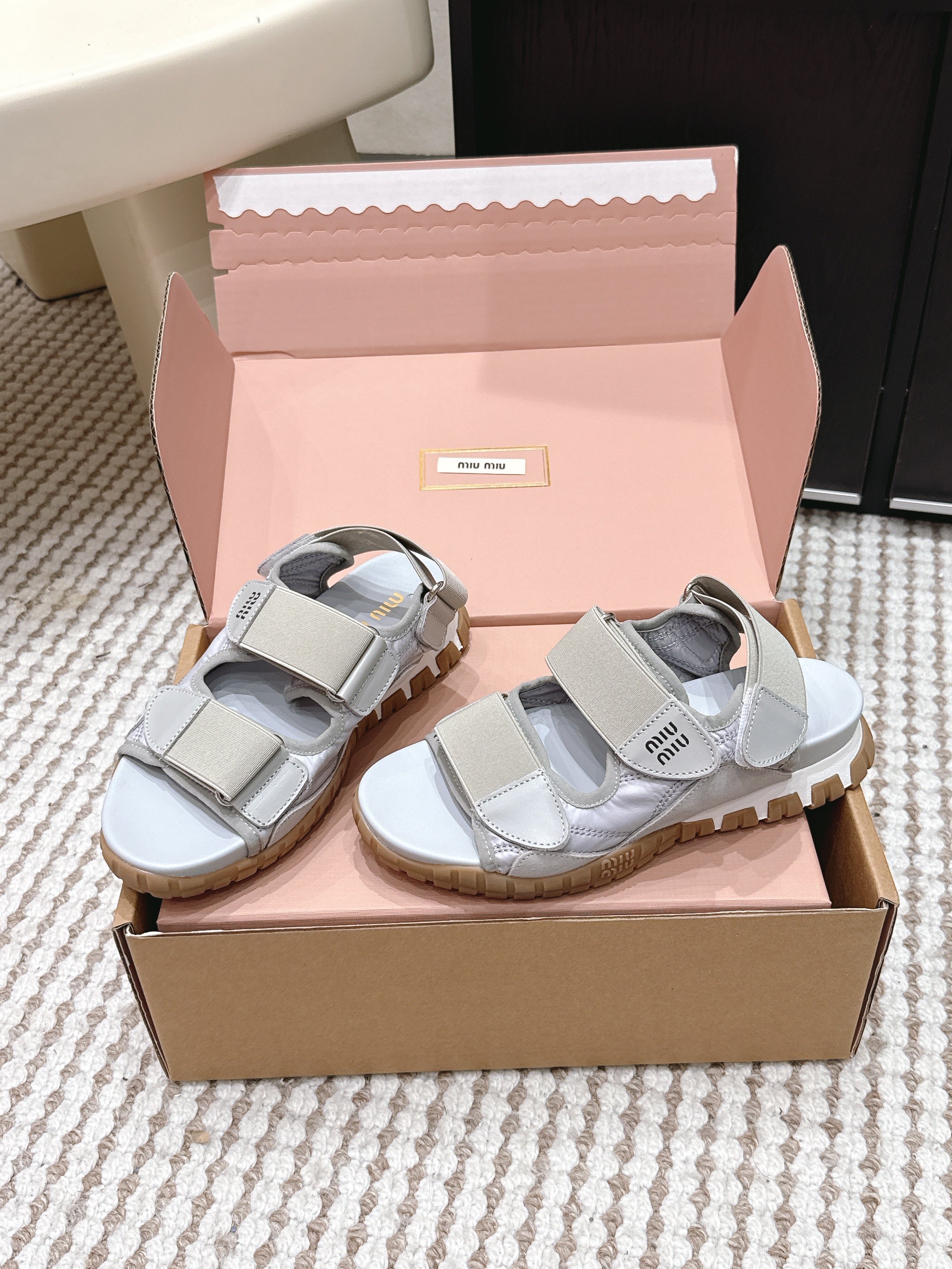 Miu 26s Velcro Sandals Grey Nylon Suede 632332