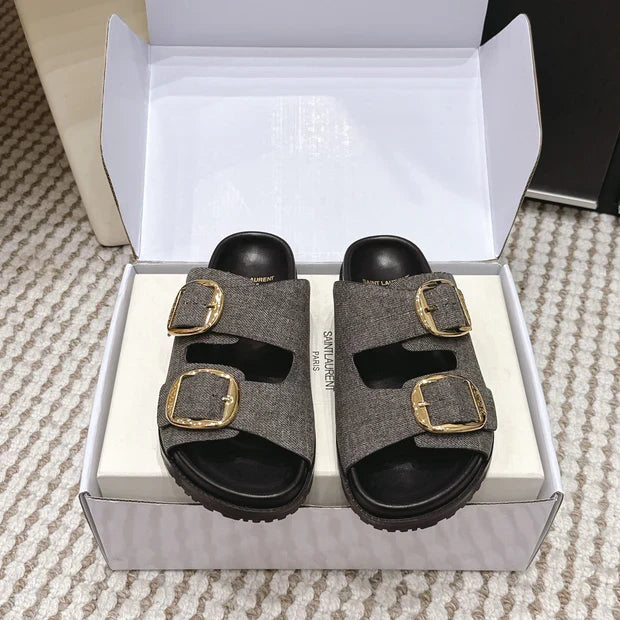 YSL 26ss Platform Slippers Black Gray Denim Leather 663210