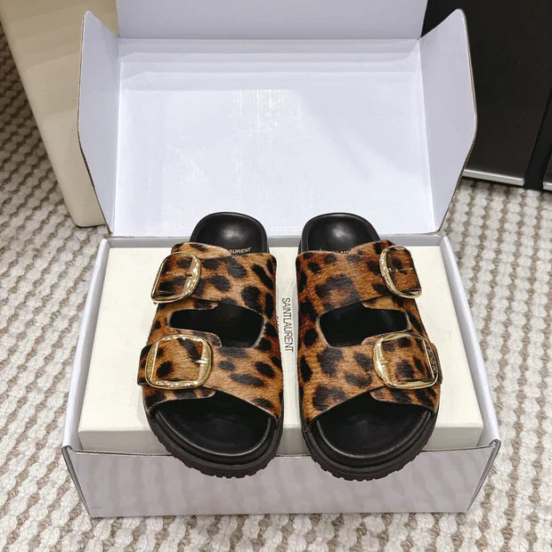 YSL 26ss Platform Slippers Black Leopard Print Leather Gold Buckle 663211