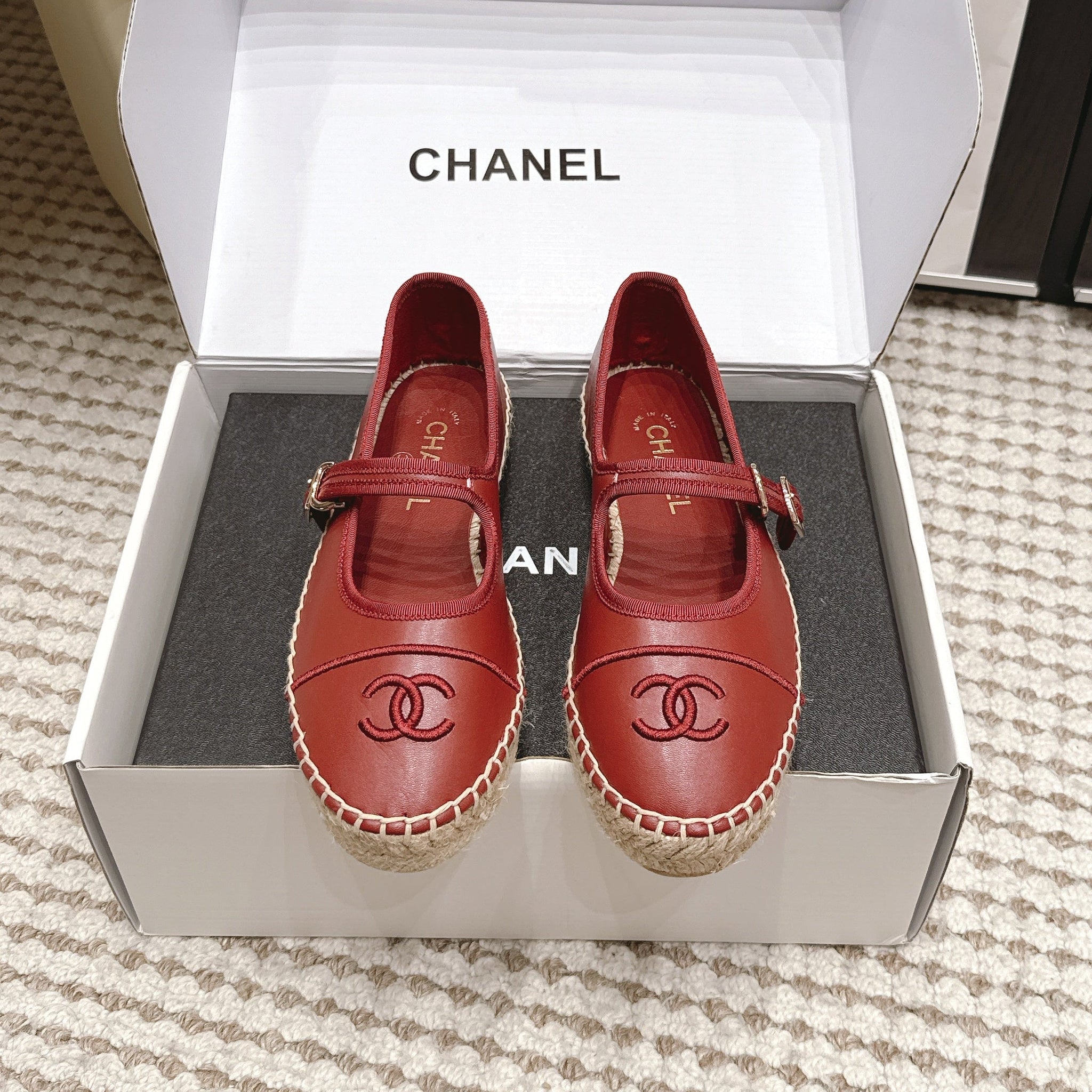 Chanel 26S Mary Jane Flats In Dark Red Lambskin Espadrille Sole