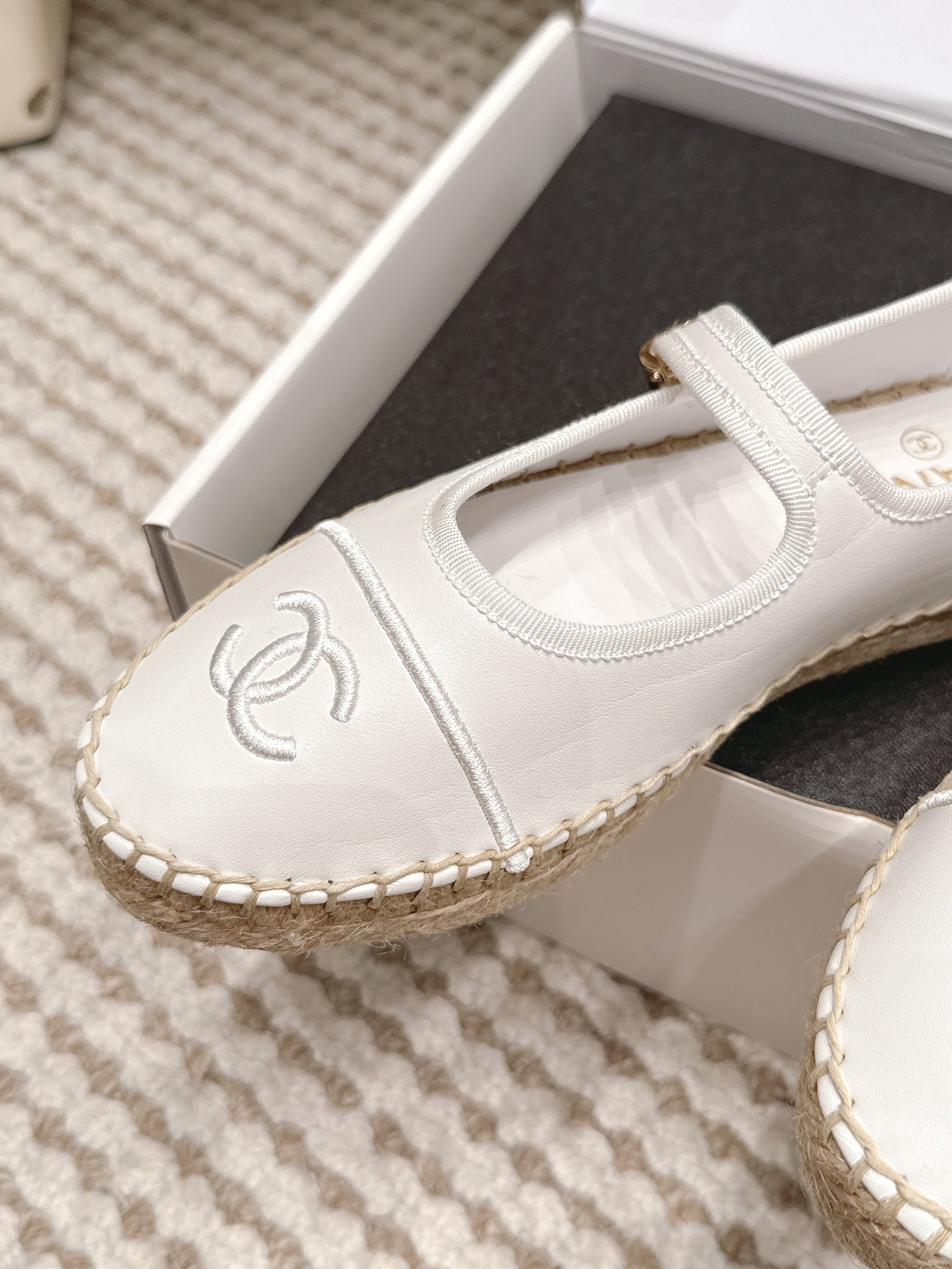 Chanel 26S Mary Jane Flats In White Lambskin Espadrille Sole