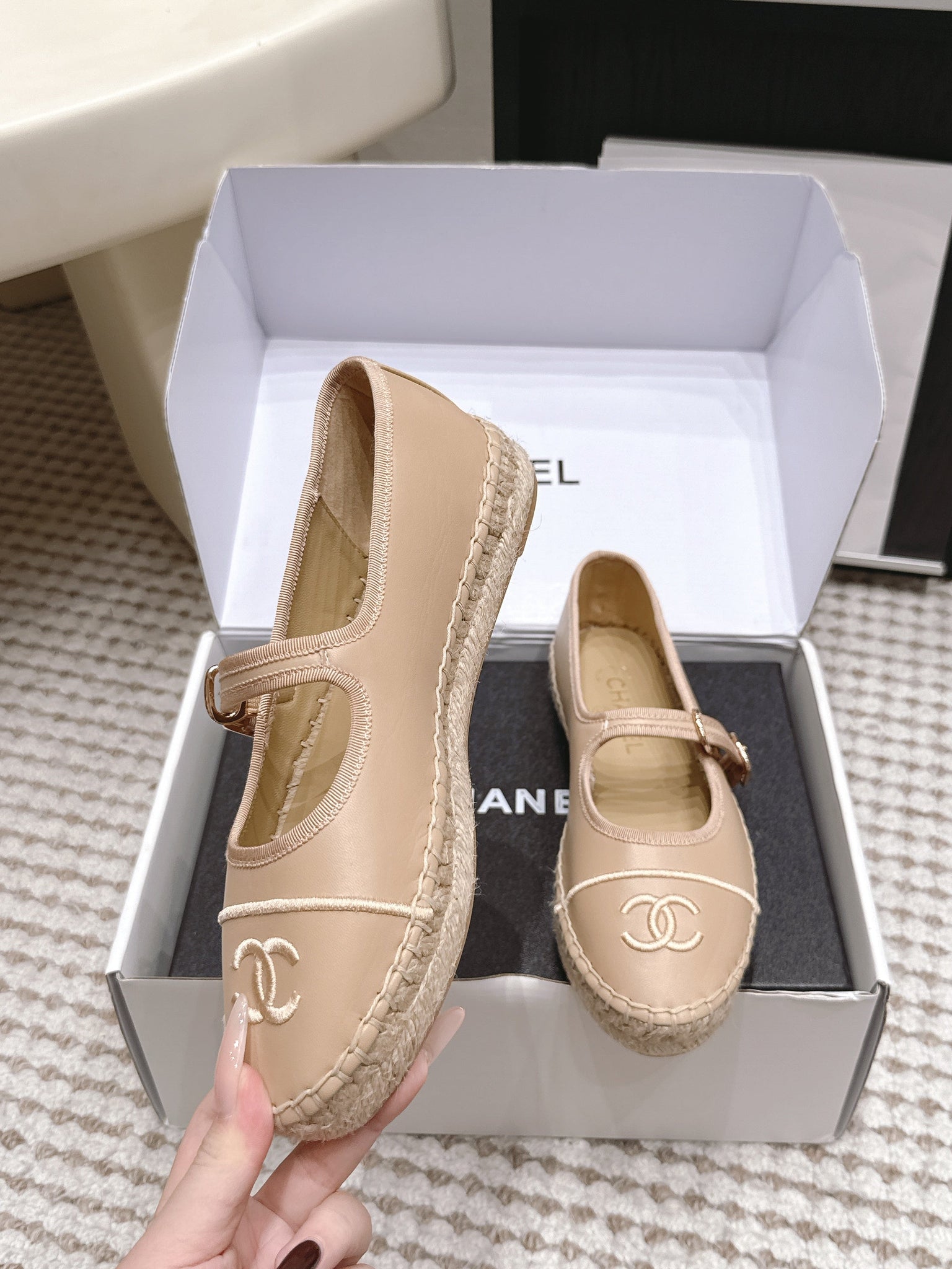 Chanel 26S Mary Jane Flats In Beige Lambskin Espadrille Sole