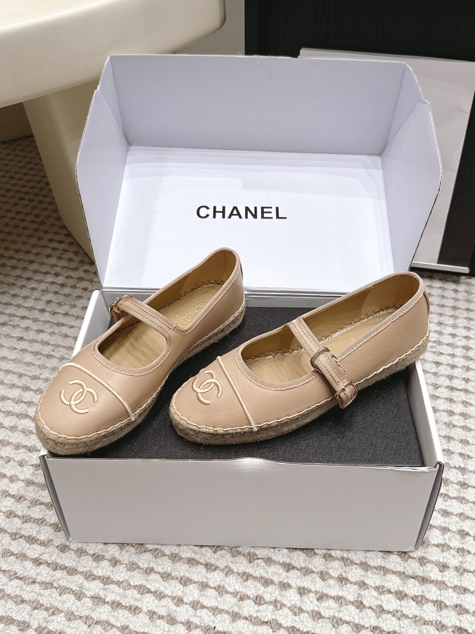 Chanel 26S Mary Jane Flats In Beige Lambskin Espadrille Sole