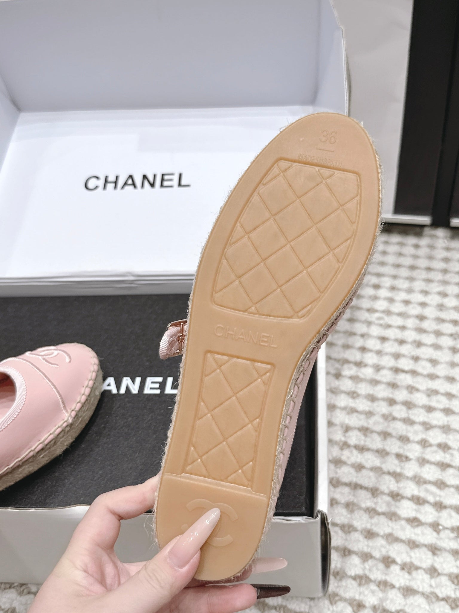 Chanel 26S Mary Jane Flats In Light Pink Lambskin Espadrille Sole