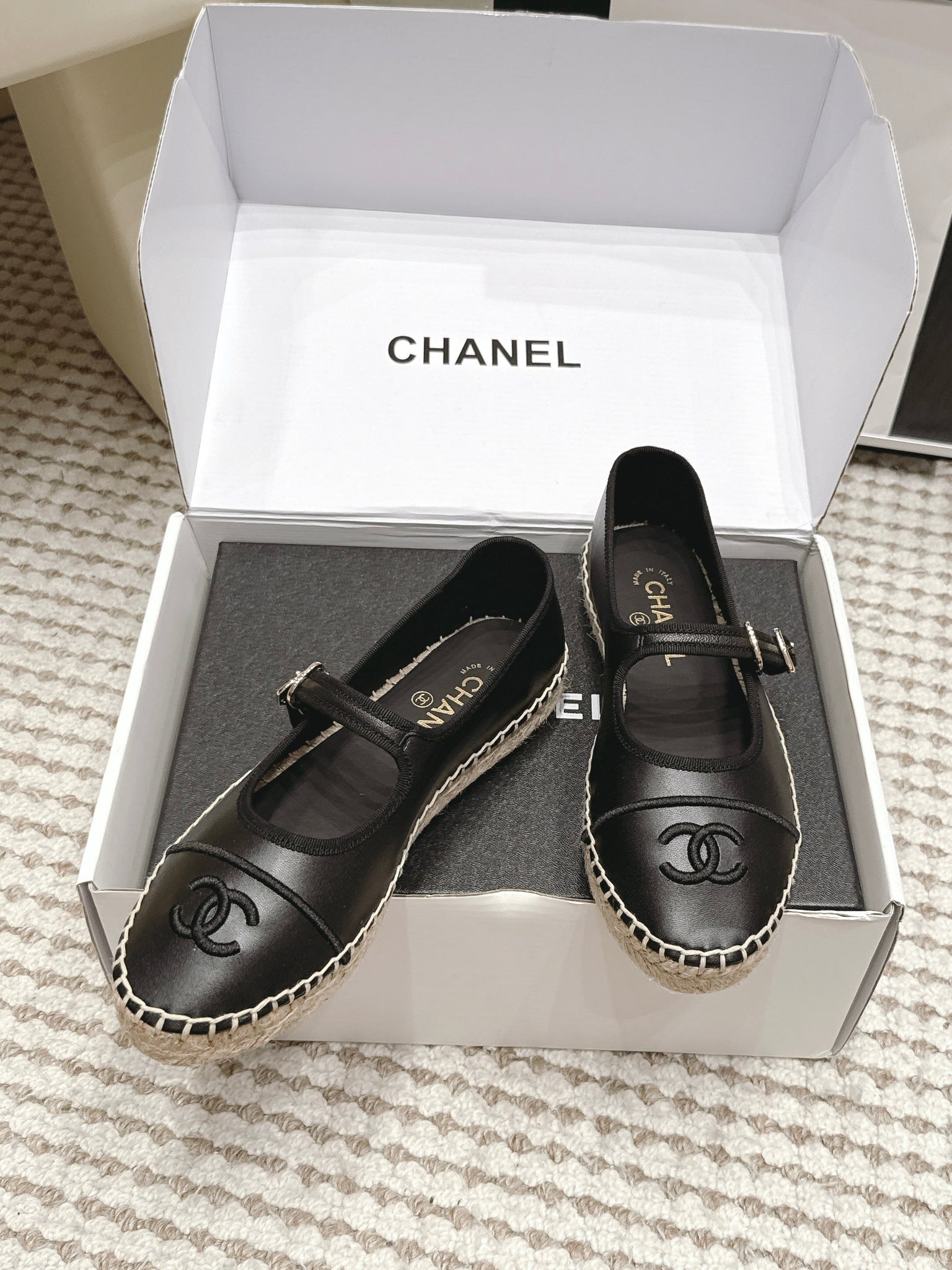 Chanel 26S Mary Jane Flats In Black Lambskin Espadrille Sole
