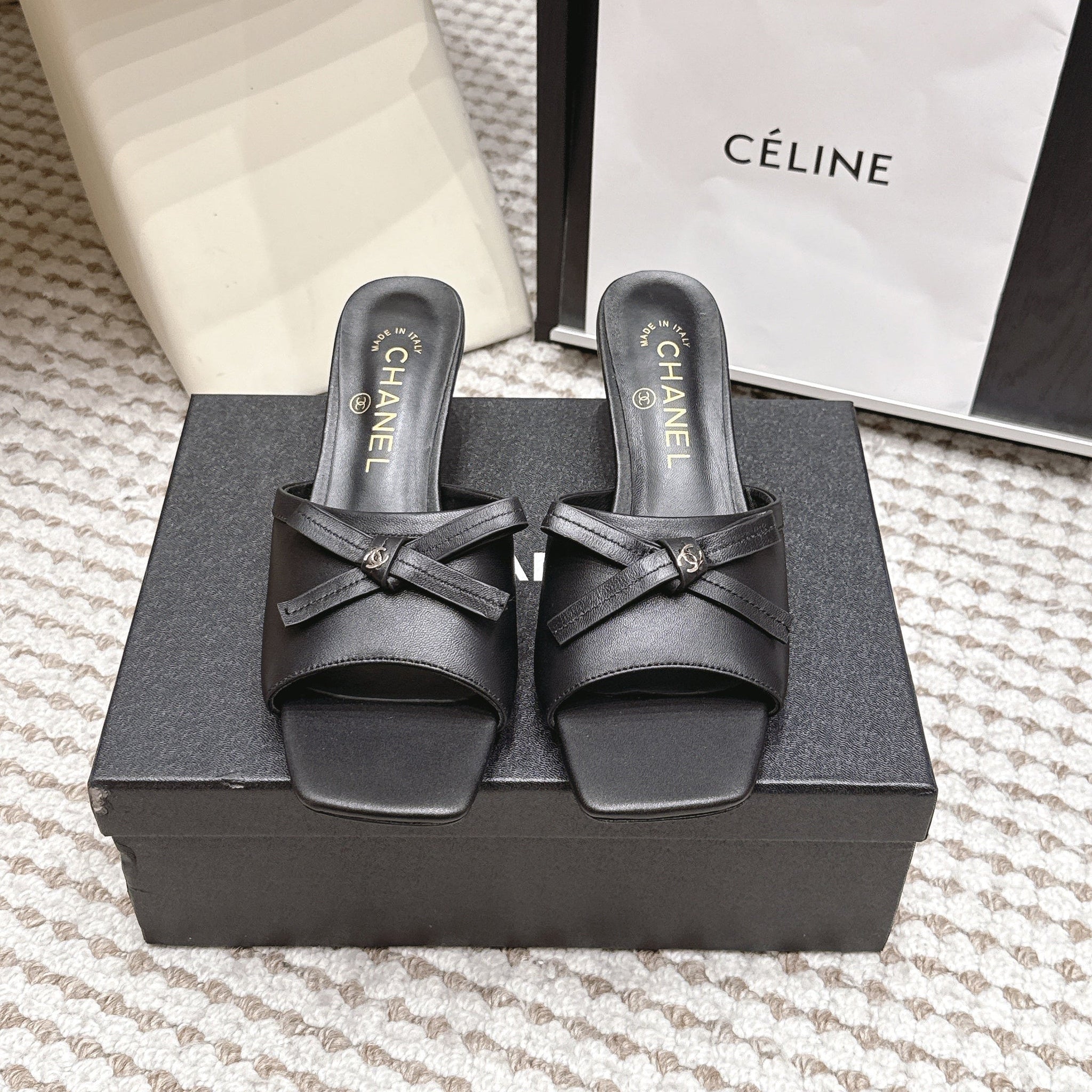 CC 26S Square Toe High Heel Sandals Black Calfskin