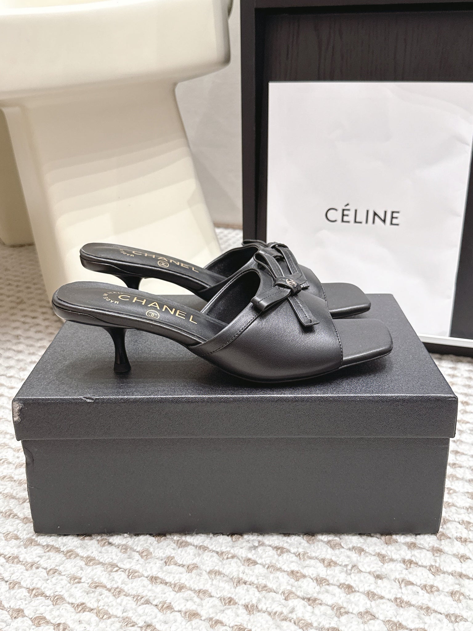 CC 26S Square Toe High Heel Sandals Black Calfskin