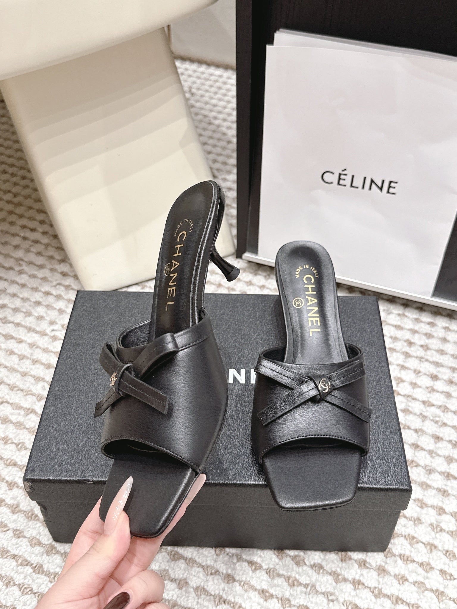 CC 26S Square Toe High Heel Sandals Black Calfskin