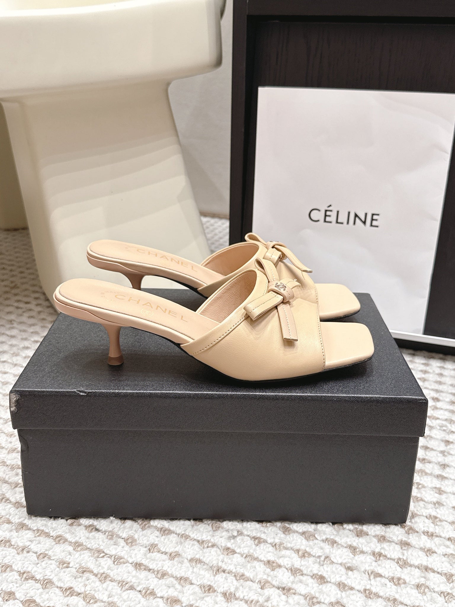 CC 26S Square Toe High Heel Sandals Beige Calfskin