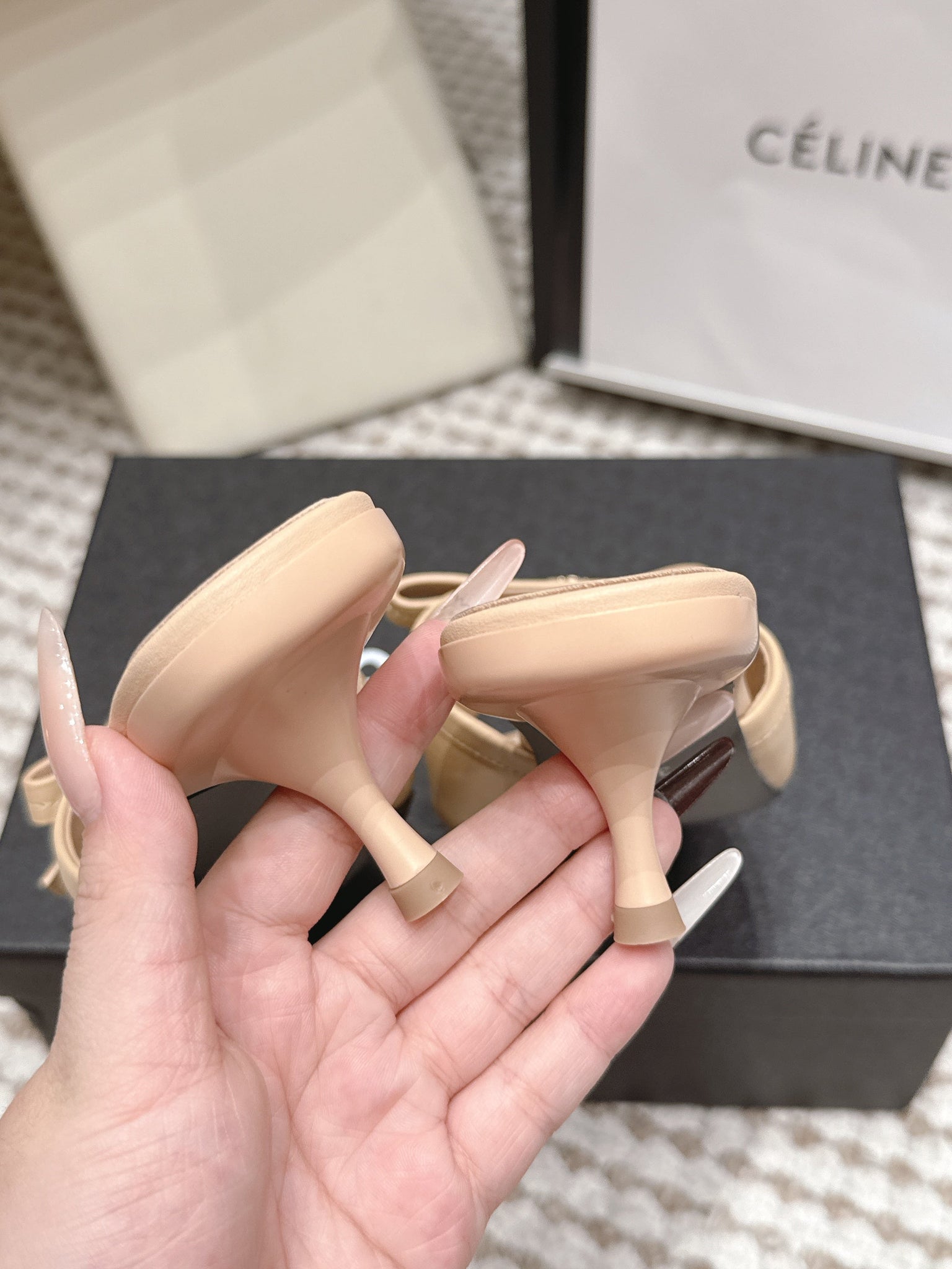 CC 26S Square Toe High Heel Sandals Beige Calfskin