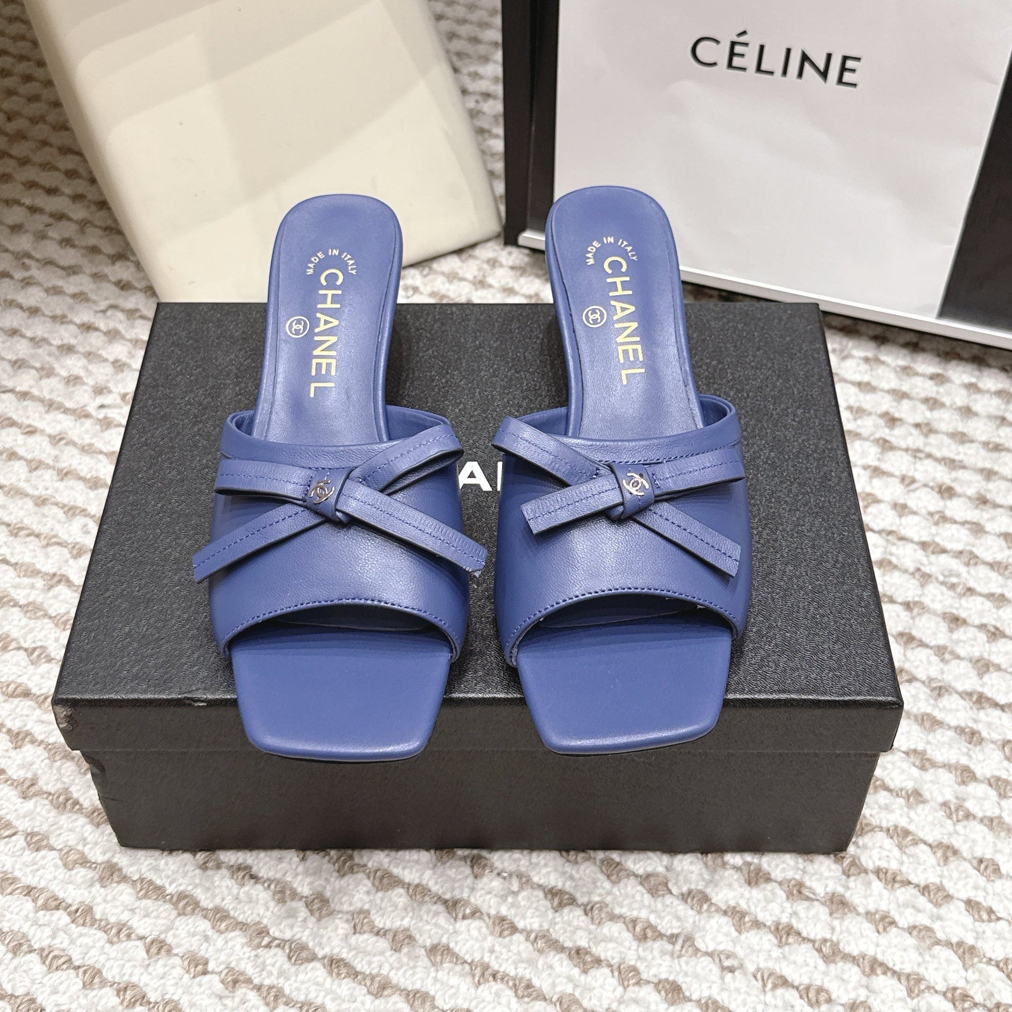 CC 26S Square Toe High Heel Sandals Dark Blue Calfskin