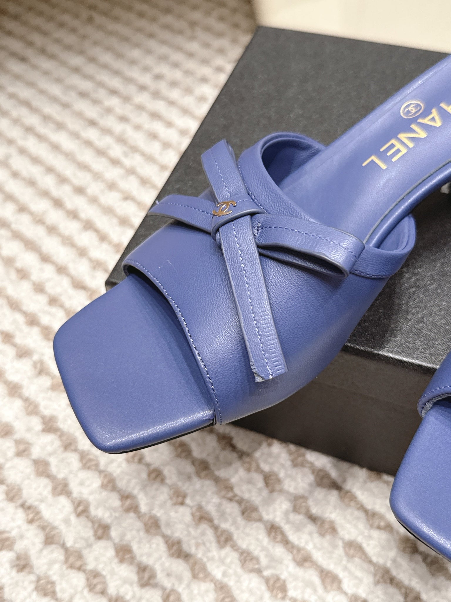 CC 26S Square Toe High Heel Sandals Dark Blue Calfskin