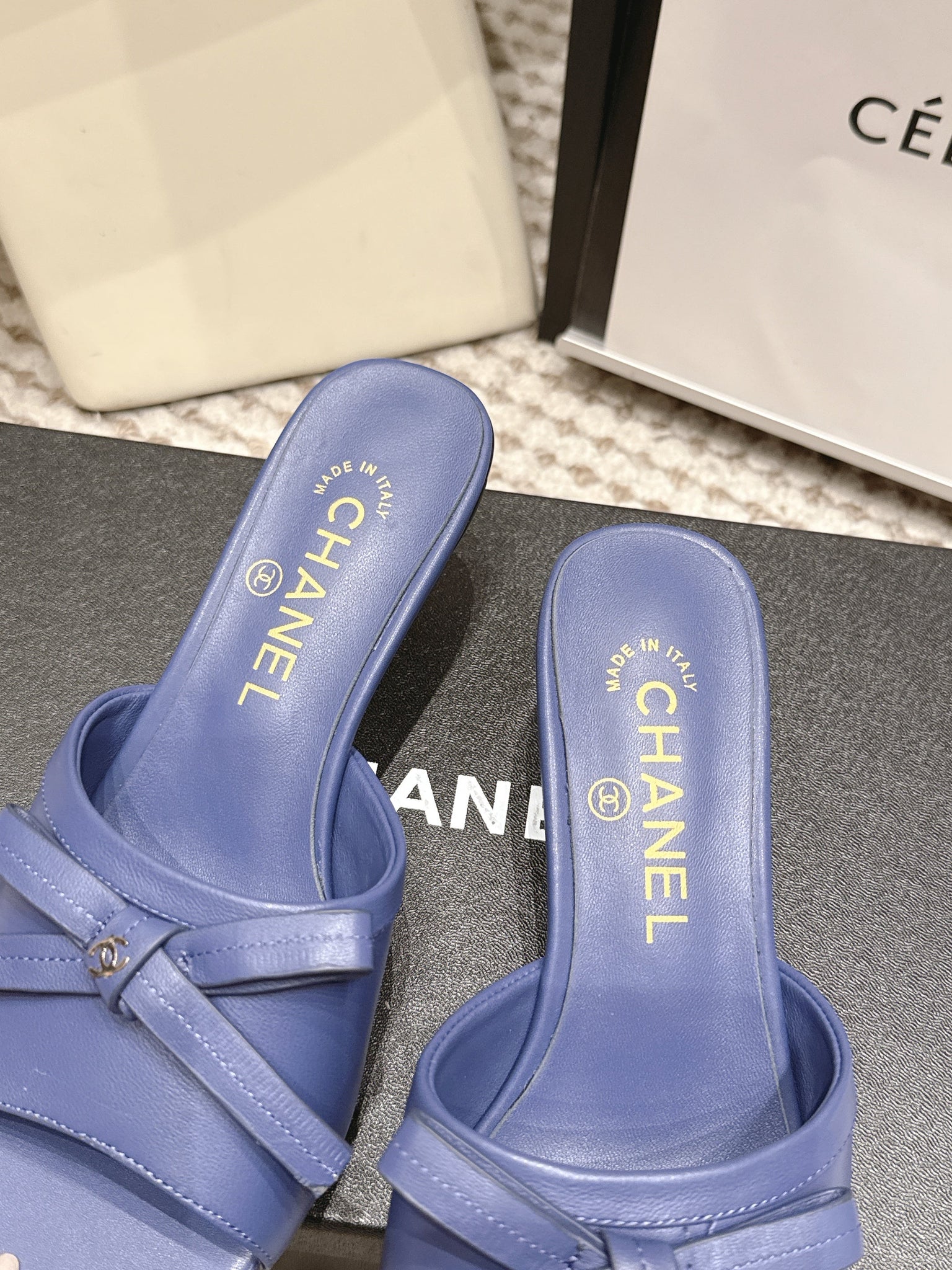 CC 26S Square Toe High Heel Sandals Dark Blue Calfskin