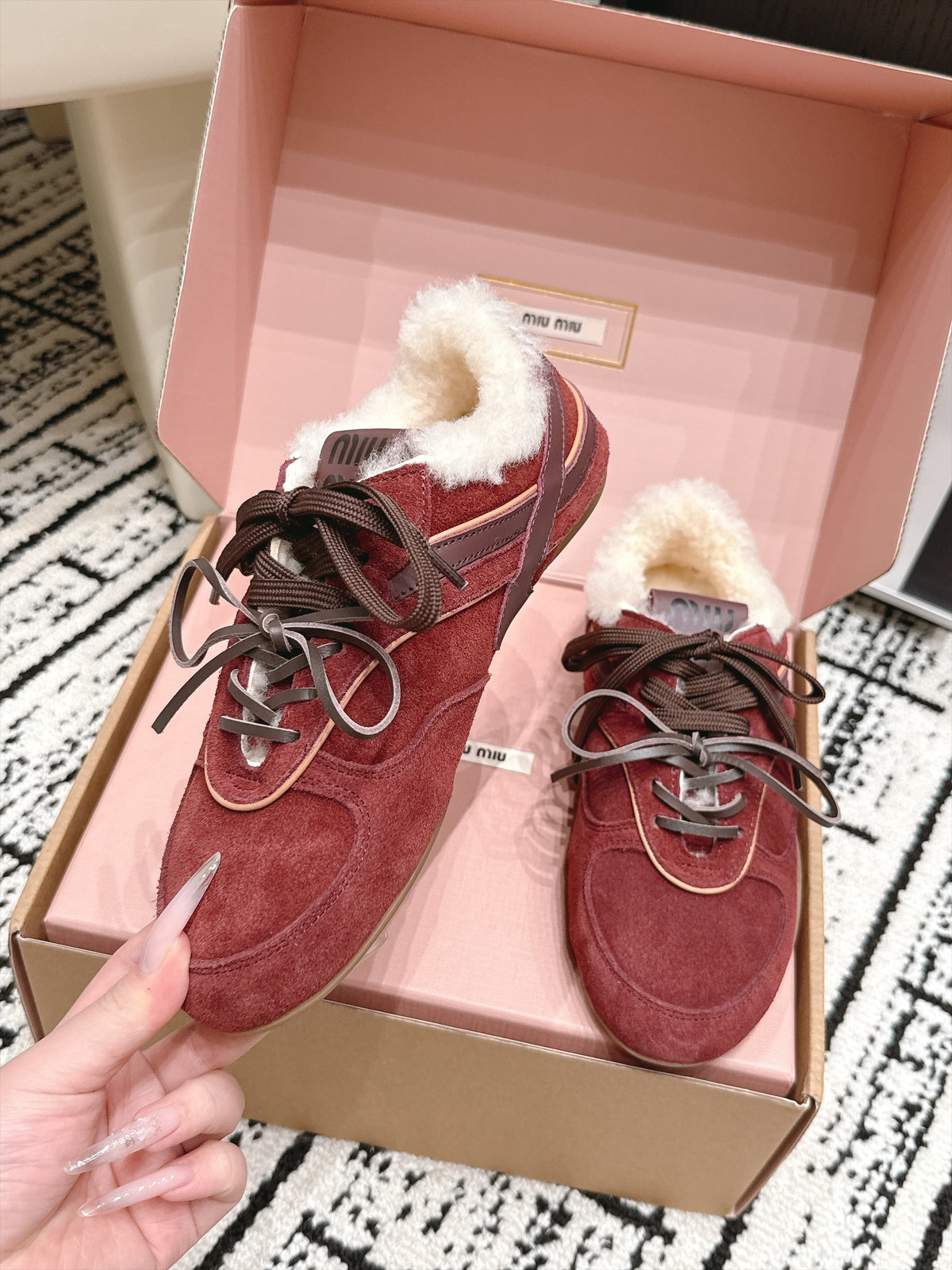 Miu Miu 26s Shearling Sneakers Burgundy Suede 138332