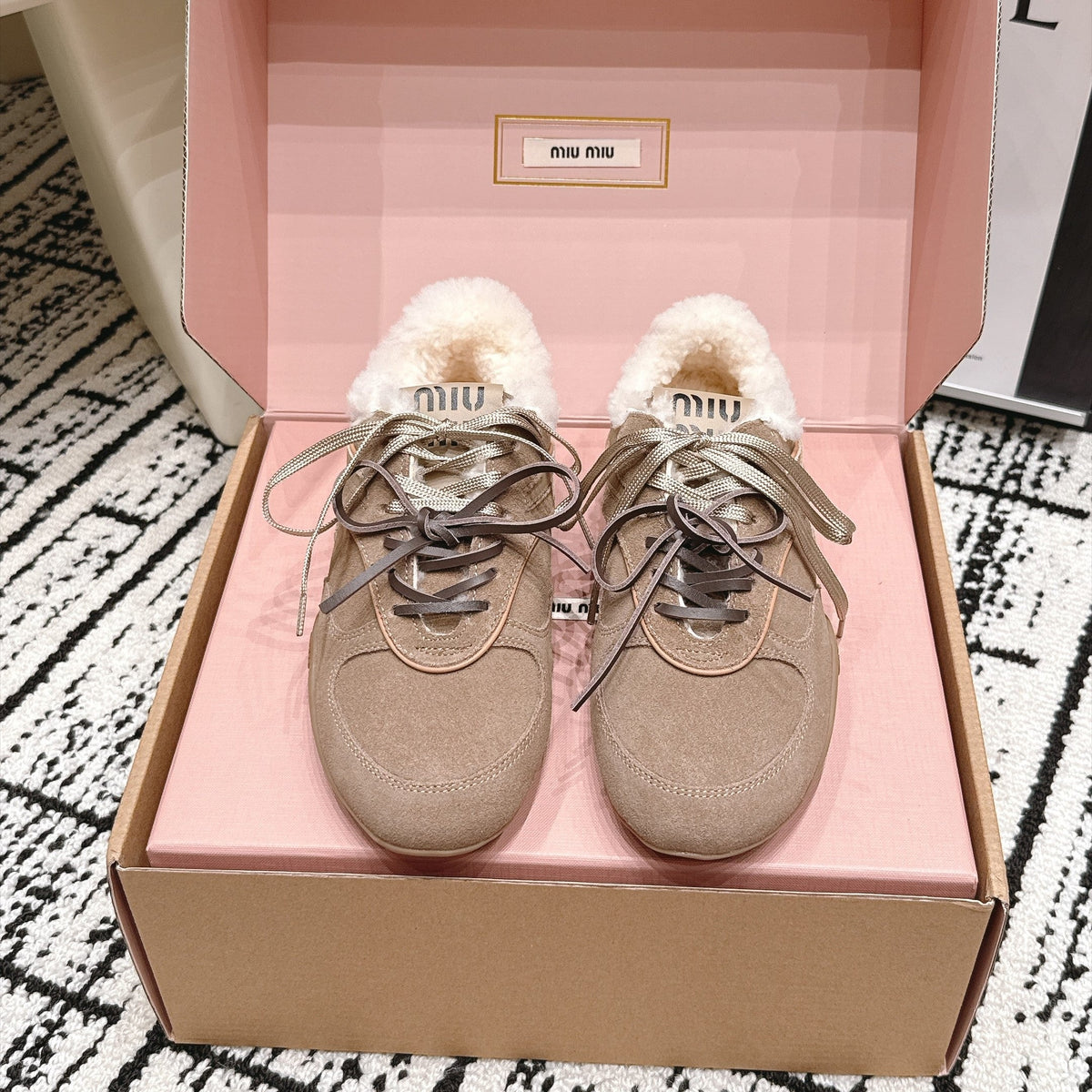 Miu Miu 26s Shearling Sneakers Khaki Suede 138333
