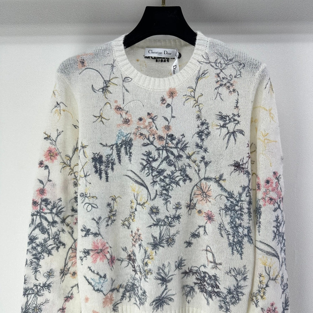 CD 26s Knit Long-Sleeve Sweater Cream Floral Pattern Cotton 348987