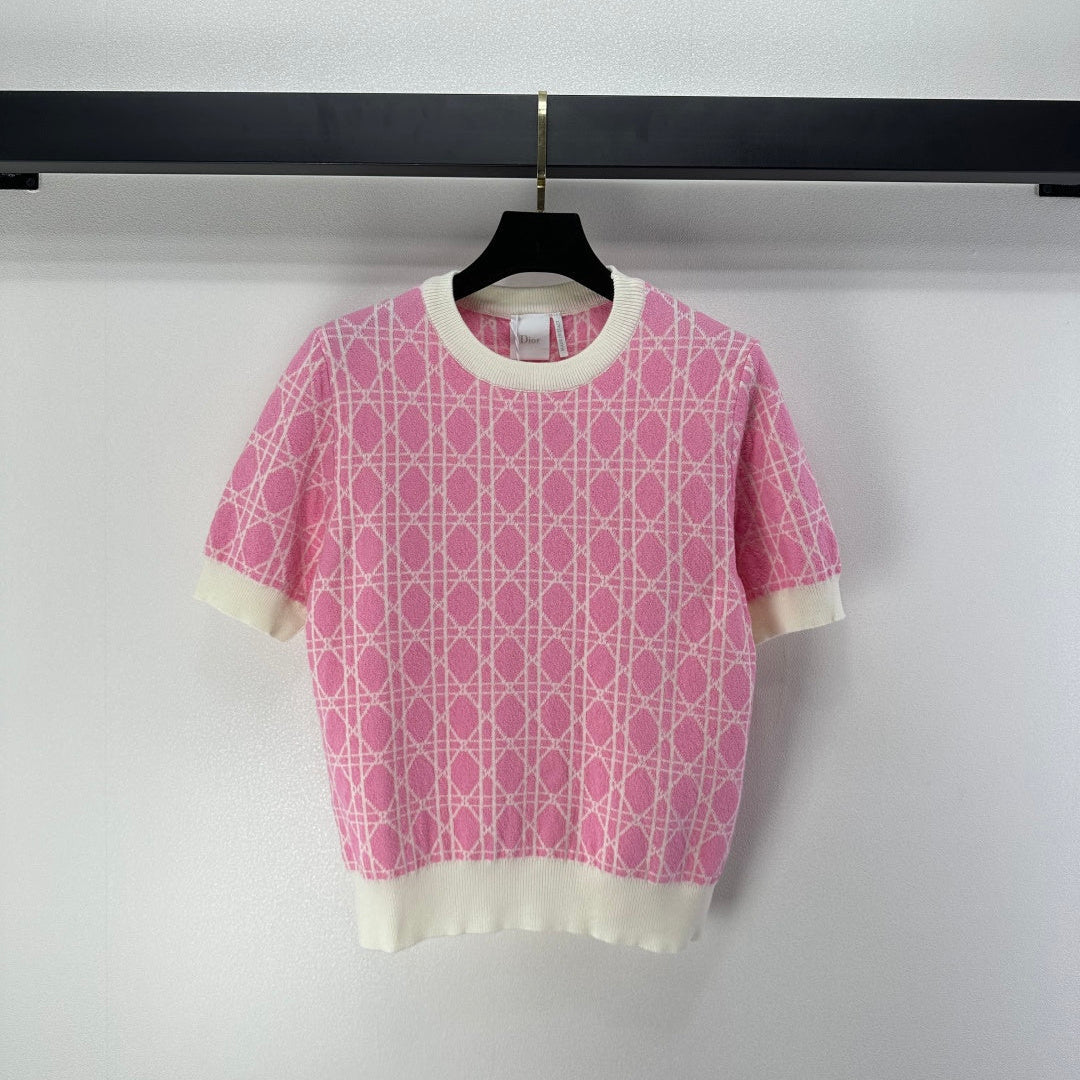 CD 26s Short-sleeved Crew Neck Pink Cream Cannage Cotton 348980