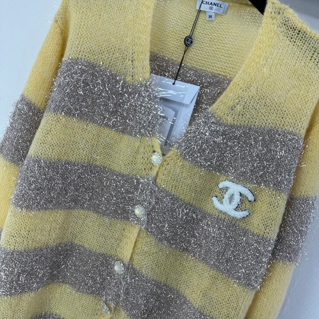 CC 26C Knit Long-Sleeve Cardigan Yellow Grey Stripes Wool Acrylic Nylon 349044