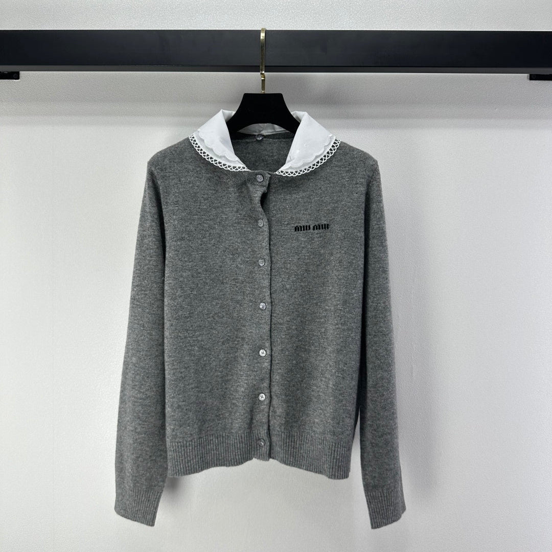 Miumiu 2026 Knit Long-Sleeve Cardigan Grey Wool 349068