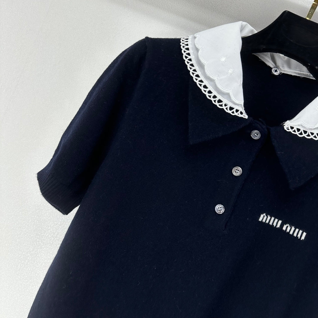 Miumiu 2026 Short-sleeved T-shirt Dark Blue Cashmere 349058