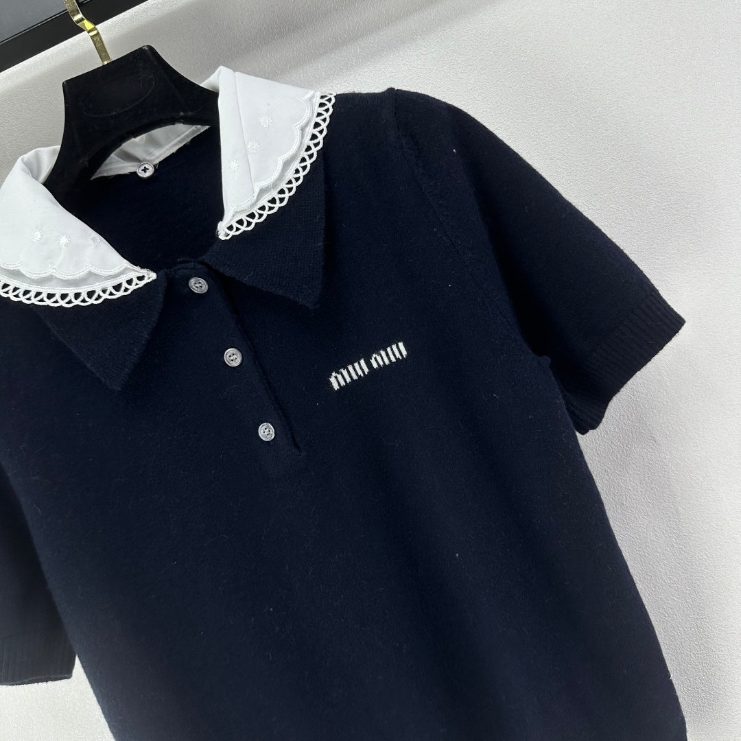 Miumiu 2026 Short-sleeved T-shirt Dark Blue Cashmere 349058