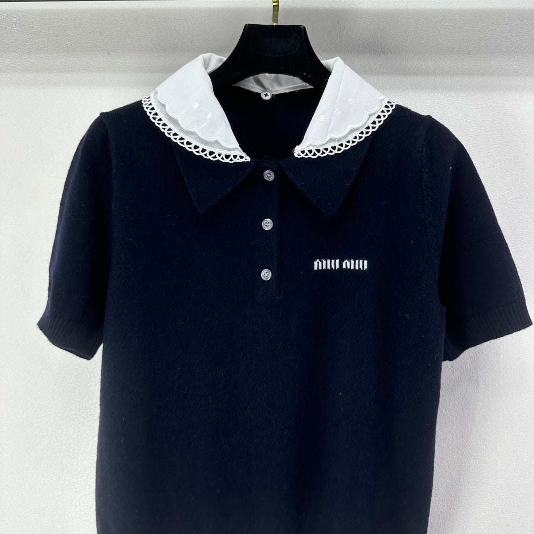 Miumiu 2026 Short-sleeved T-shirt Dark Blue Cashmere 349058