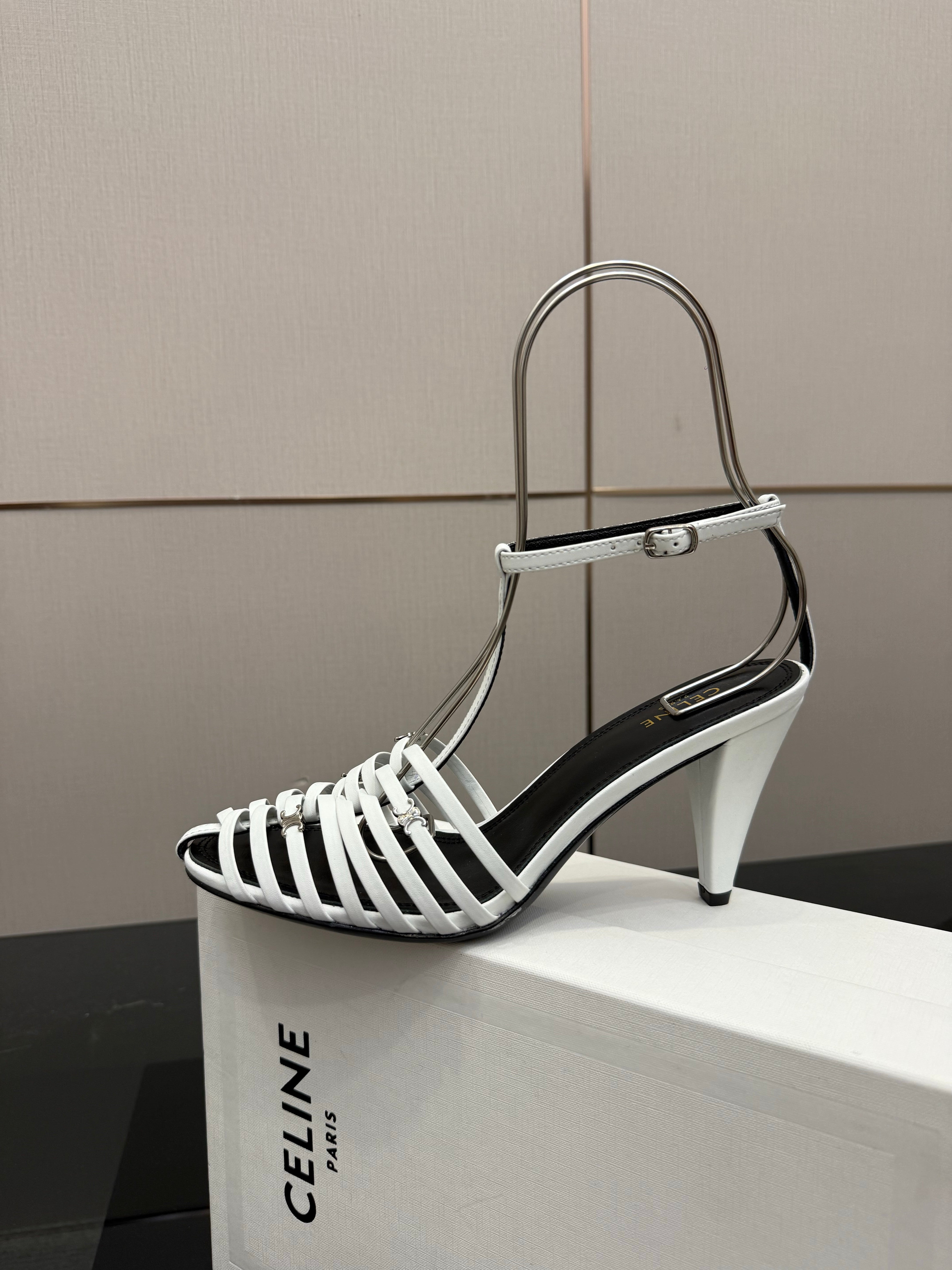 Celine Cage Heeled Sandal 9cm White Calfskin 725648