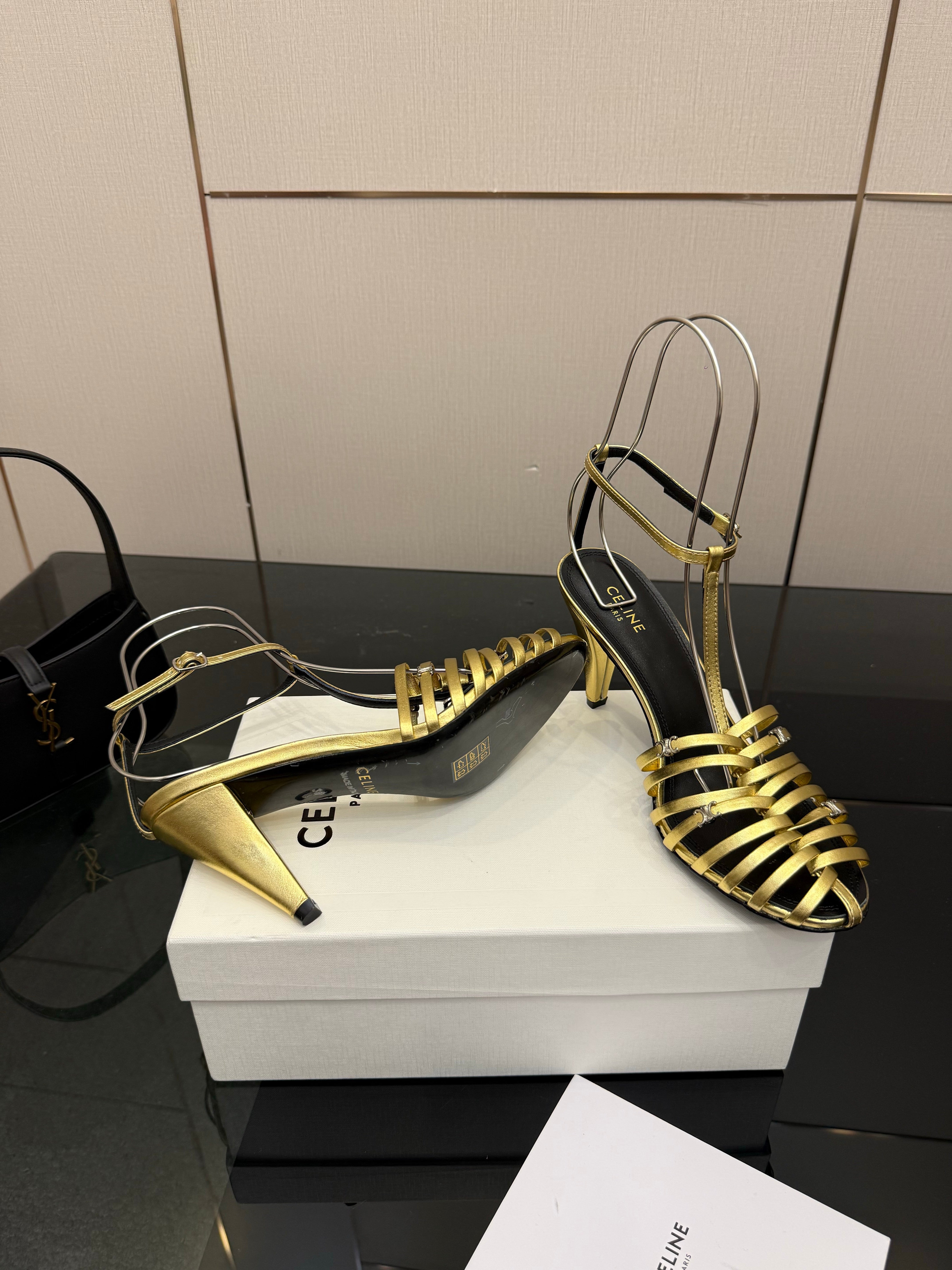 Celine Cage Heeled Sandal 9cm Gold Calfskin 725649