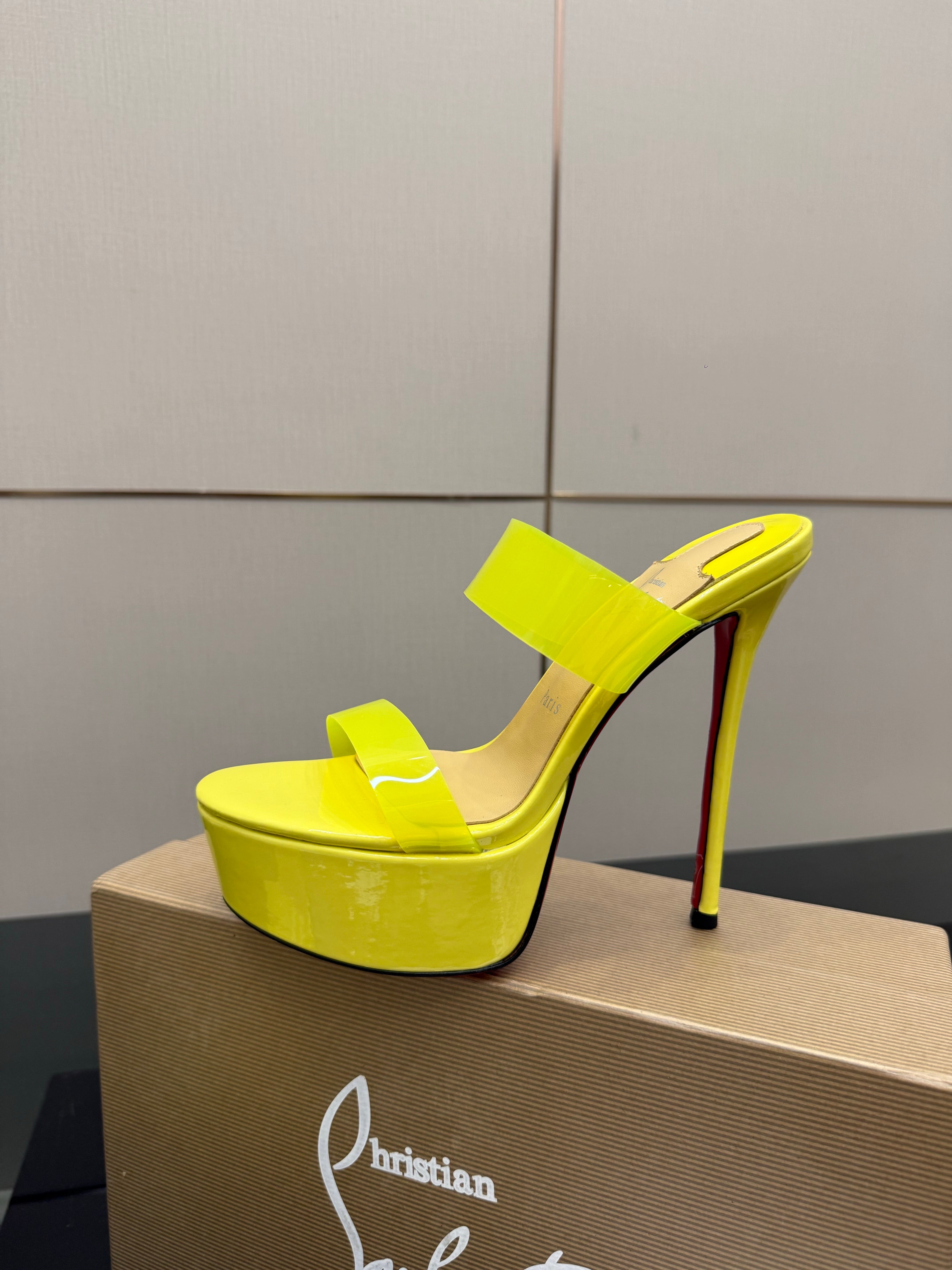 Christian Louboutin 2026 Just Loubi 14.5cm Mules Yellow PVC Lambskin 828178