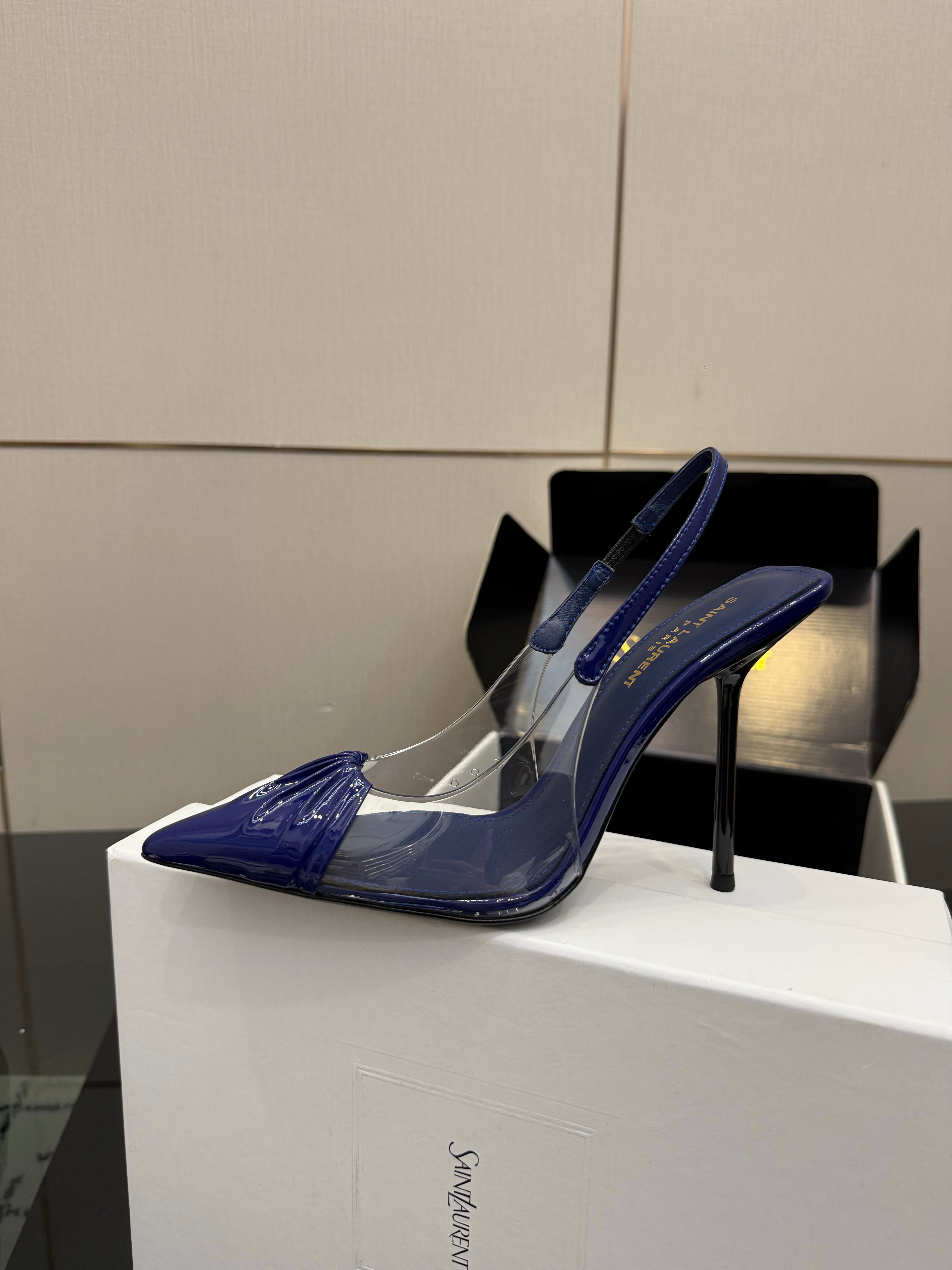 YSL Chica Slingback 10.5cm Blue Leather 828243