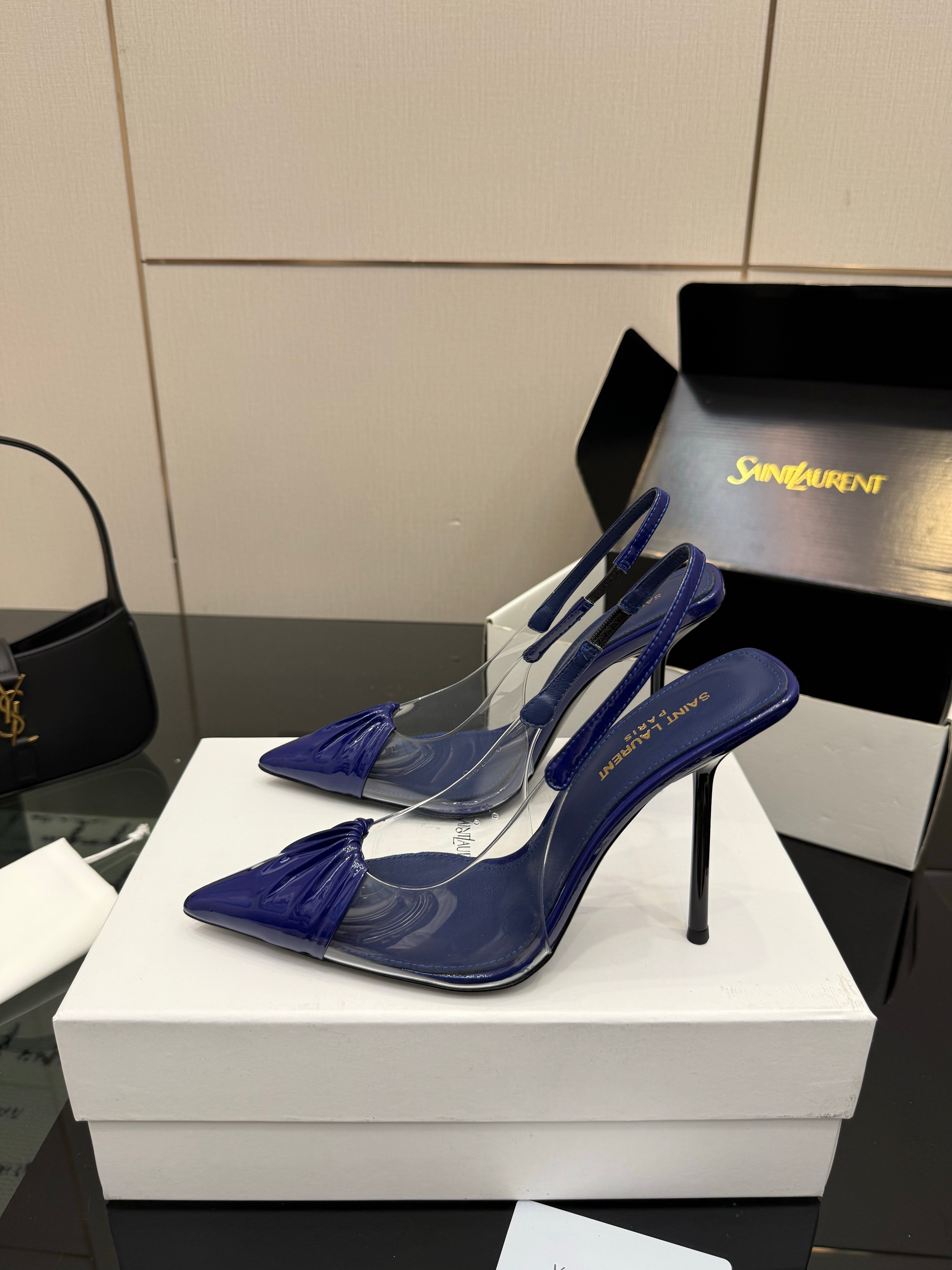 YSL Chica Slingback 10.5cm Blue Leather 828243